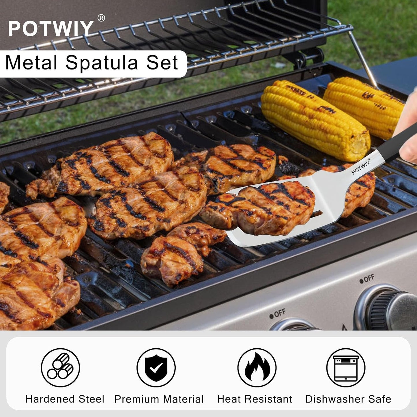 Stainless Steel Wide Spatula Set, Heavy Duty Large Metal Spatulas for Cast Iron Skillets Griddle and BBQ Grill, Solid and Slotted Turner with Silicone Handle for Smash Burgers and Pancake BST326H