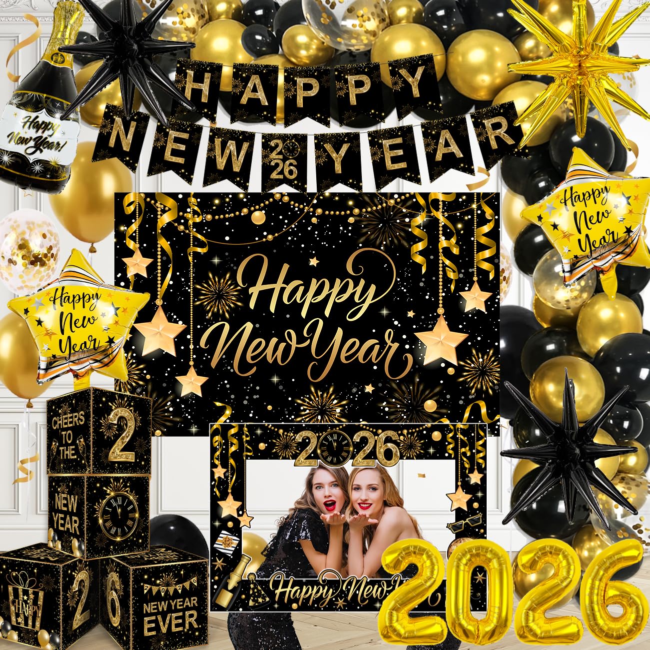 2026 Graduation Decorations Class of 2026 Black and Gold Congrats Grad Balloons,Banner,Backdrop,Photo Booth Props,Cards Boxes Kit for Graduation Party Decorations in Indoor or Outdoor (Graduation) BST326H