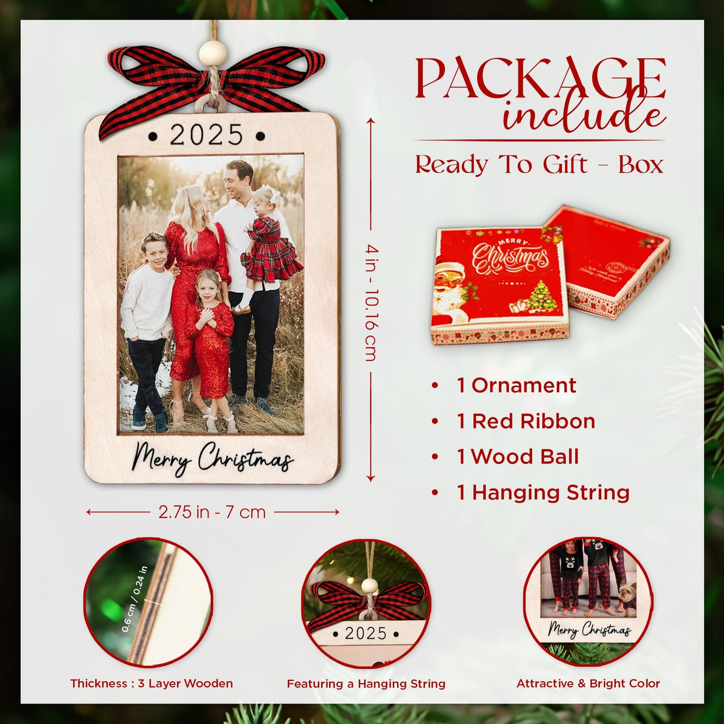 Hangwoous Baby's First Christmas Photo Frame Ornament 2025 | Wooden portrait frame keepsake, first Christmas photo gift for baby BST202