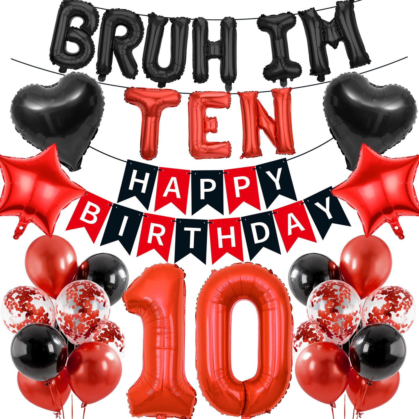 9th Birthday Decorations Boys Kit - 27 Pcs Red and Black Bruh Im Nine Balloon Banners Happy Birthday Fishtail Flags Number 9 Balloon Star Heart Balloons Set for 9 Year Old Party Decoration Supplies BST202