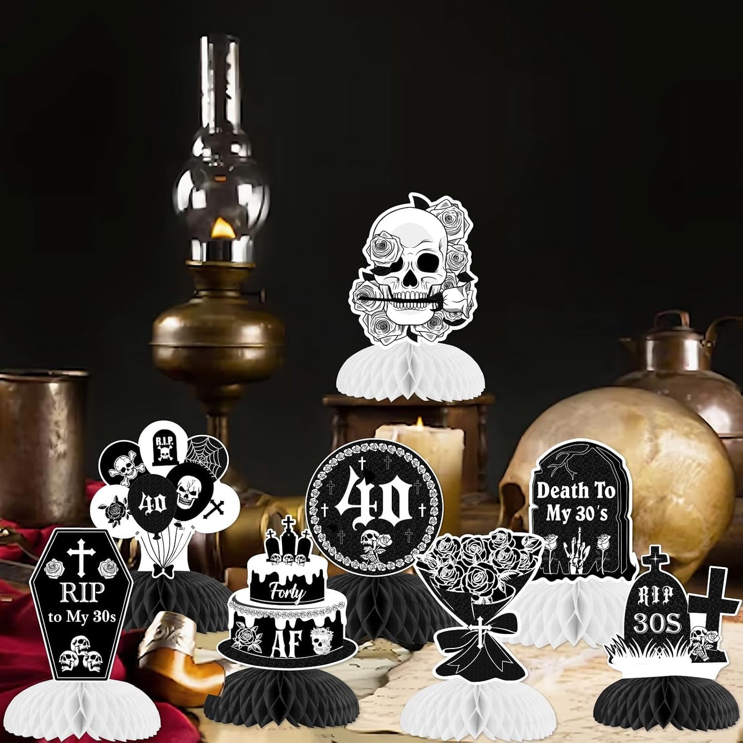 Death to My 30s Honeycomb Centerpieces Black Gothic 40th Birthday Decor | Rip to My 30s Honeycomb Centerpieces Table Gothic 40th Birthday Decoration for women 40th Birthday Party Supplies BST202