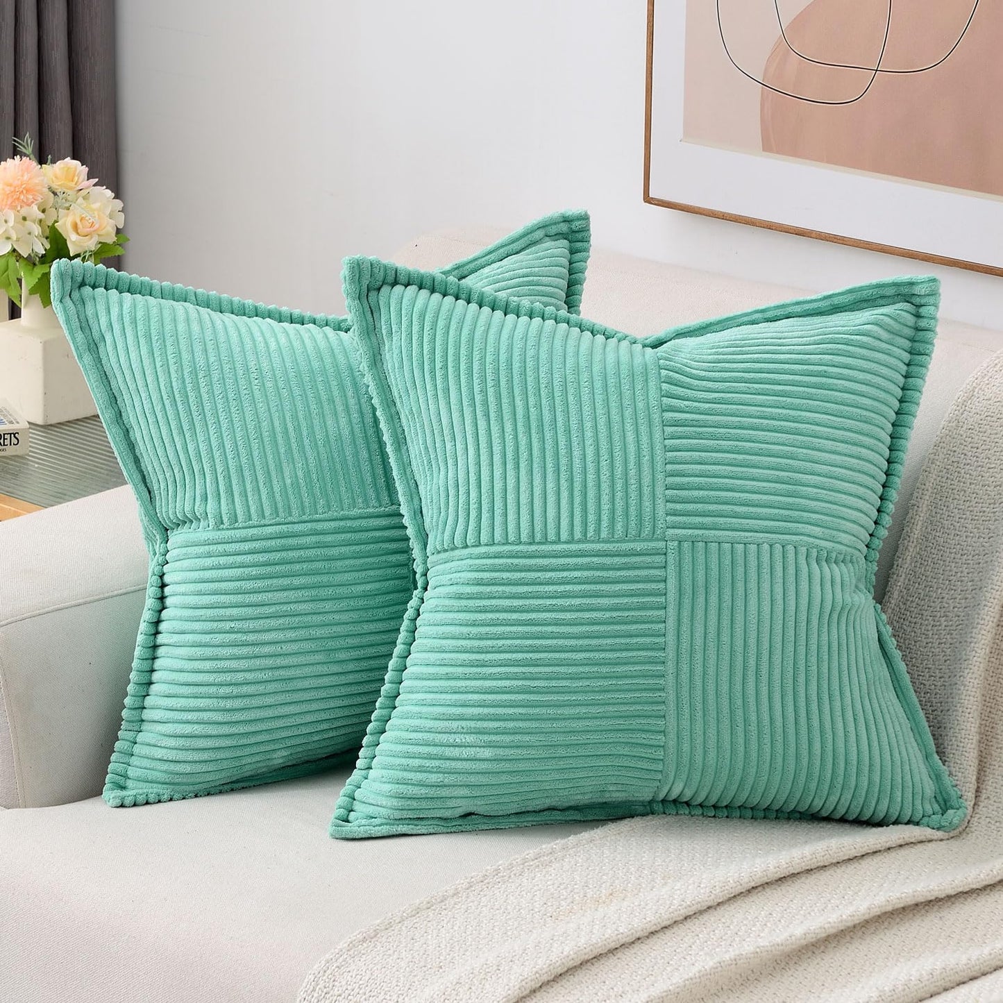 HAUSSY Pack of 2 Corduroy Throw Pillow Covers26x26 Inch, Rust | Decorative Striped Soft Boho Farmhouse Pillowcases, Machine Washable, Couch Bed Sofa Living Room Home Decor, No Insert BST202