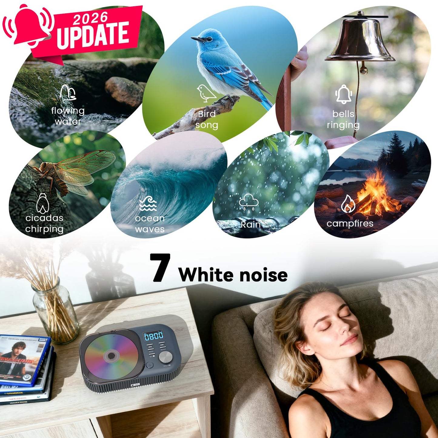 CD Player Portable,MONODEAL White Noise Portable CD Player with Bluetooth/Dual Stereo Speakers,Support FM Radio/USB/AUX,Remote Control,4000mAh Rechargeable CD Players for Car/Home Navy Blue