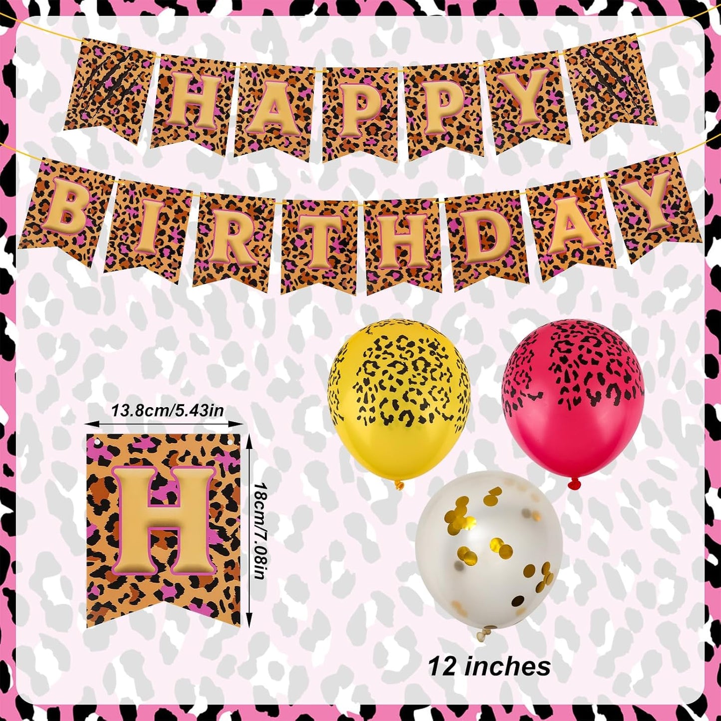 Cheetah Print Birthday Decorations, Pink Gold Leopard Happy Birthday Banner with Balloons for Girls Women Safari Animal Theme Party Celebration Decor Supplies WN420