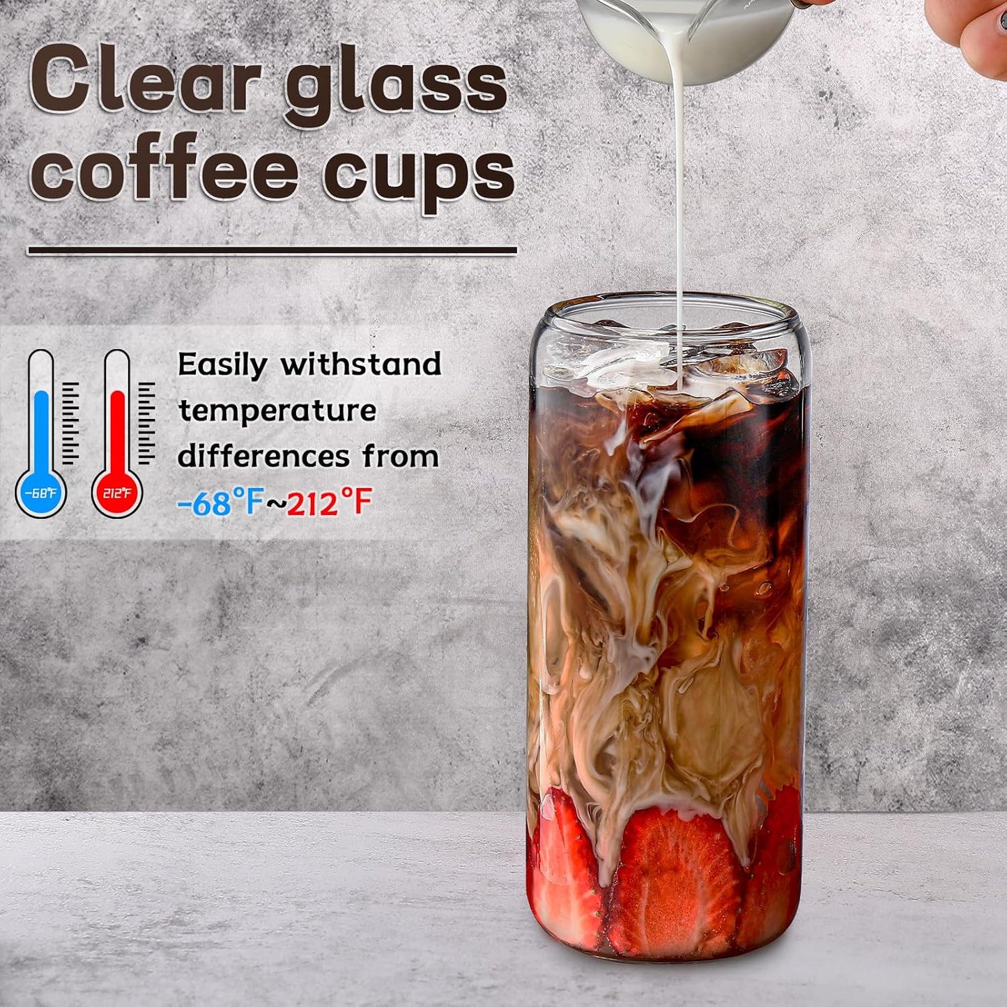 DWTS DANWEITESI Glass Cups “20oz”,Glass Cups with Lids and Straws 4 pcs-Coffee Cups,Drinking Glasses Set,Glass Tumbler with Straw and Lid Gift 2 Cleaning Brushes 600ml BST202