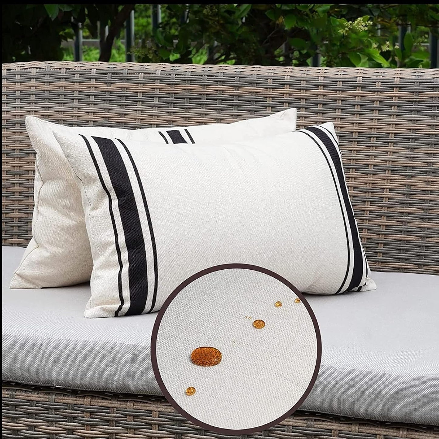 ONWAY Outdoor Pillow Covers Waterproof 18x18 Set of 2 Decorative Linen Throw Pillow Cover Beige and Black Striped Outdoor Pillows for Patio Furniture BST220
