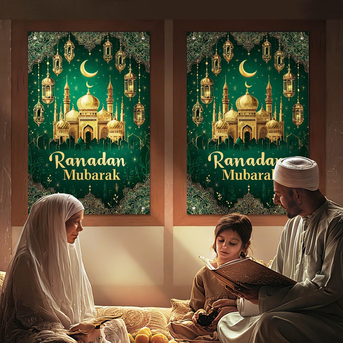 HOMETITUTE Eid Ramadan Window Banner Holiday Curtain Backdrop 31x47 Fabric | Mubarak Cover Festival Screen Windows Banner Hanging Living Room Bedroom Home Crescent Moon Star Pattern Design BST326H