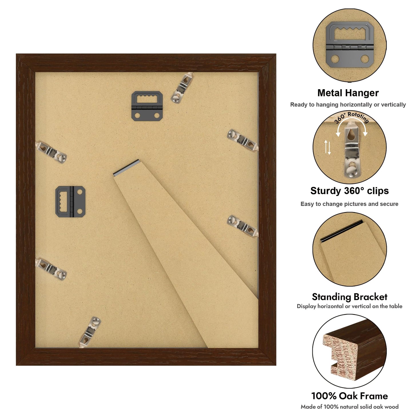 YESKAY 12x16 Picture Frame - 12 x 16 Photo Frame Made of Solid Oak Wood and Real Glass,Display Picture 4 Opening 5x7 with Mat or 12x16 Without Mat for Wall Mounting(Color Walnut) BST326H