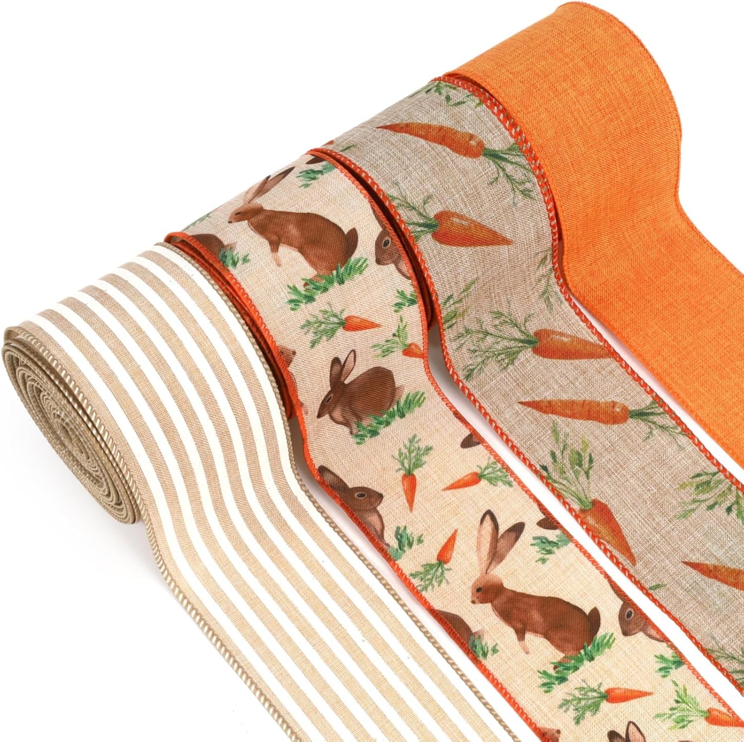 LaRibbons Easter Ribbon Wired 4 Rolls 2.5 Inch x 24 Yards TTL, Orange Carrot Bunny Ribbons for Baskets, Striped Wide Easter Ribbon for Crafts Spring Wreath Gift Wrapping Bow Decoration BST326H