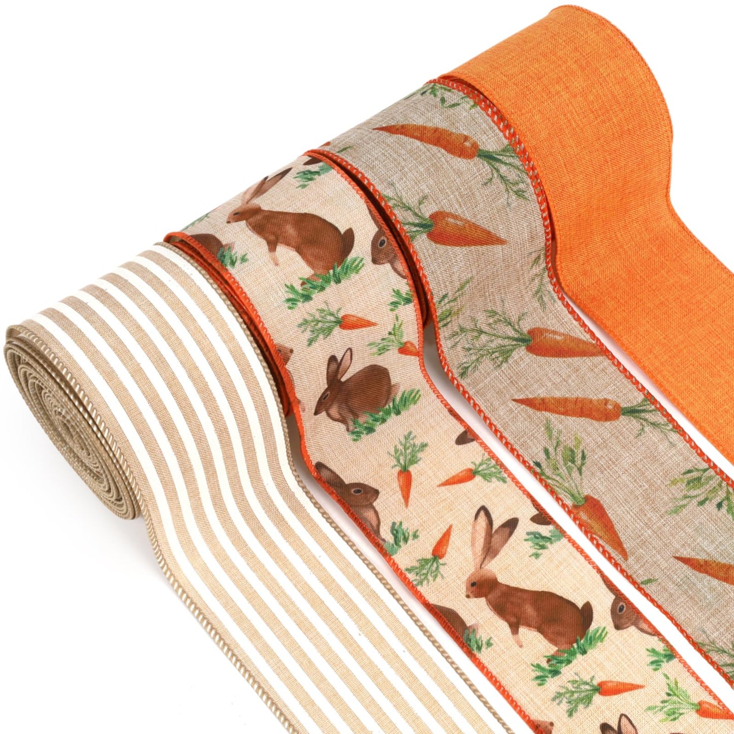 LaRibbons Easter Ribbon Wired 4 Rolls 2.5 Inch x 24 Yards TTL, Orange Carrot Bunny Ribbons for Baskets, Striped Wide Easter Ribbon for Crafts Spring Wreath Gift Wrapping Bow Decoration BST326H