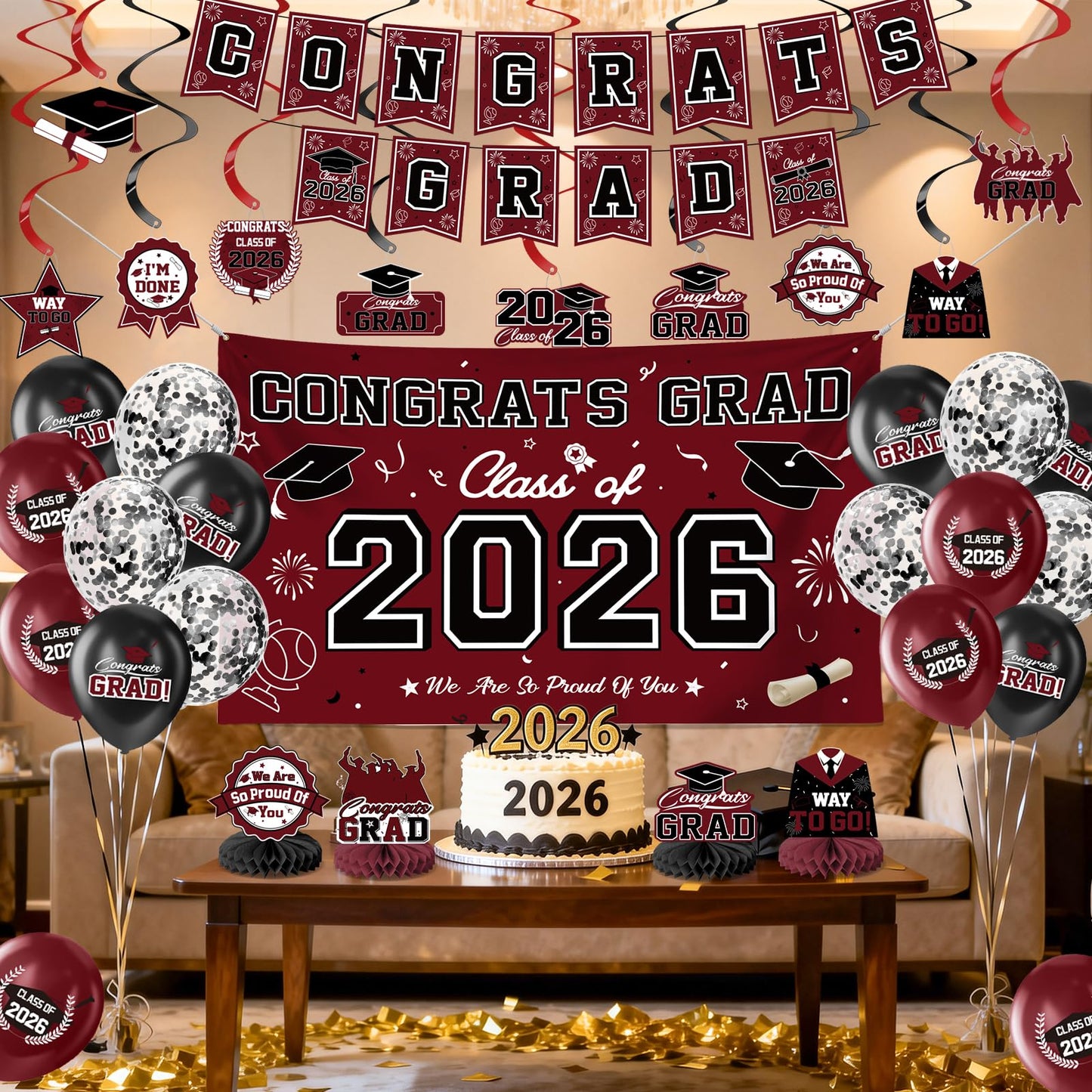 Graduation Decorations 2026-Black and Gold Graduation Party Decorations Supplies Class of 2026 with Graduation Banner, Backdrop, Balloons, Centerpieces, Hanging Swirl for Grad Party BST326H
