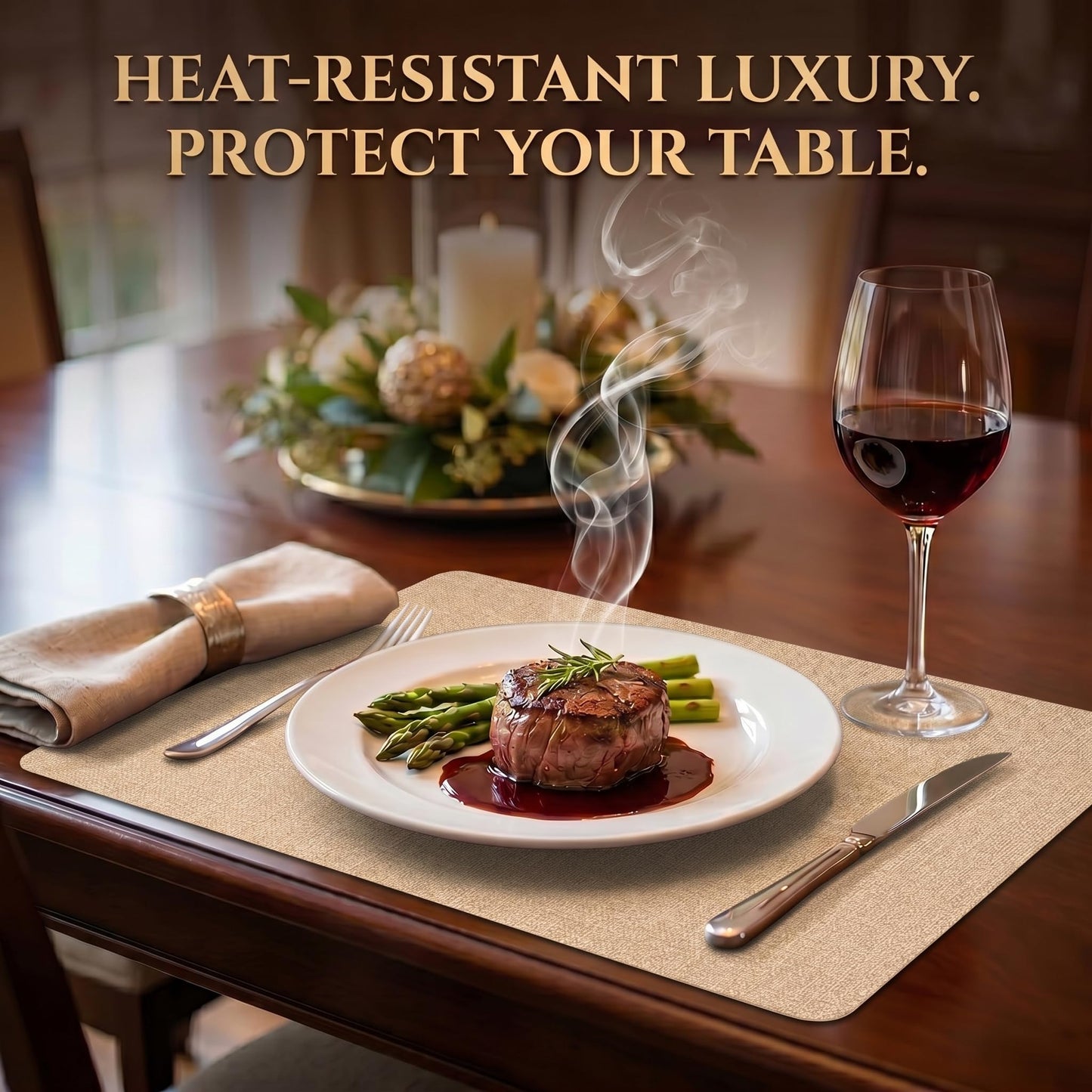 Faux Leather Placemats Set of 6, Wipeable Waterproof Stain Resistant Table Mats, Heat Resistant Thick Placemats with Hand-Painted Edges for Kitchen Dining, Imitative Linen Texture, Various Shapes BST326H