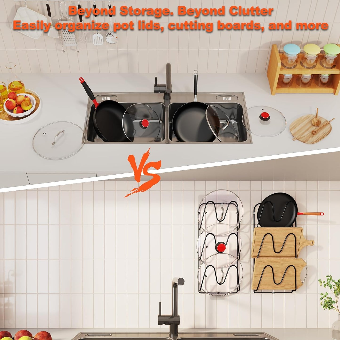 2 Pack Pot Lid Organizer, 6-Tier Pots and Pans Lid Organizer Under Cabinet, No Drilling, Rustproof, Lid Organizers Inside Cabinet for Small Space Solution & Kitchen Cabinet Organization WN420