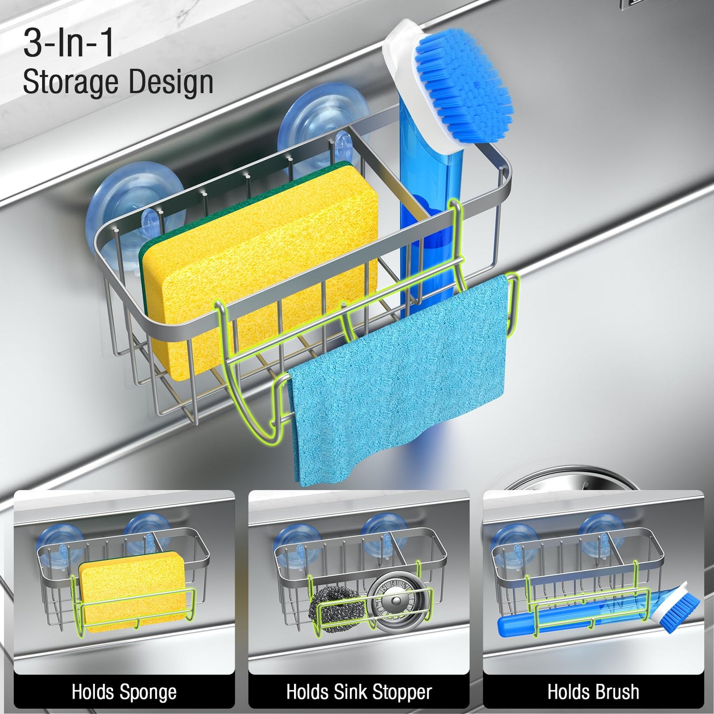 3-in-1 Kitchen Sink Caddy Organizer with Sponge Holder, Brush Holder, Extra Rack for Scrubber, Sink Stopper, Dish Cloth Hanger - Strong Dual Suction Cup, 2.0mm SUS304 Stainless Steel - Grey WN420