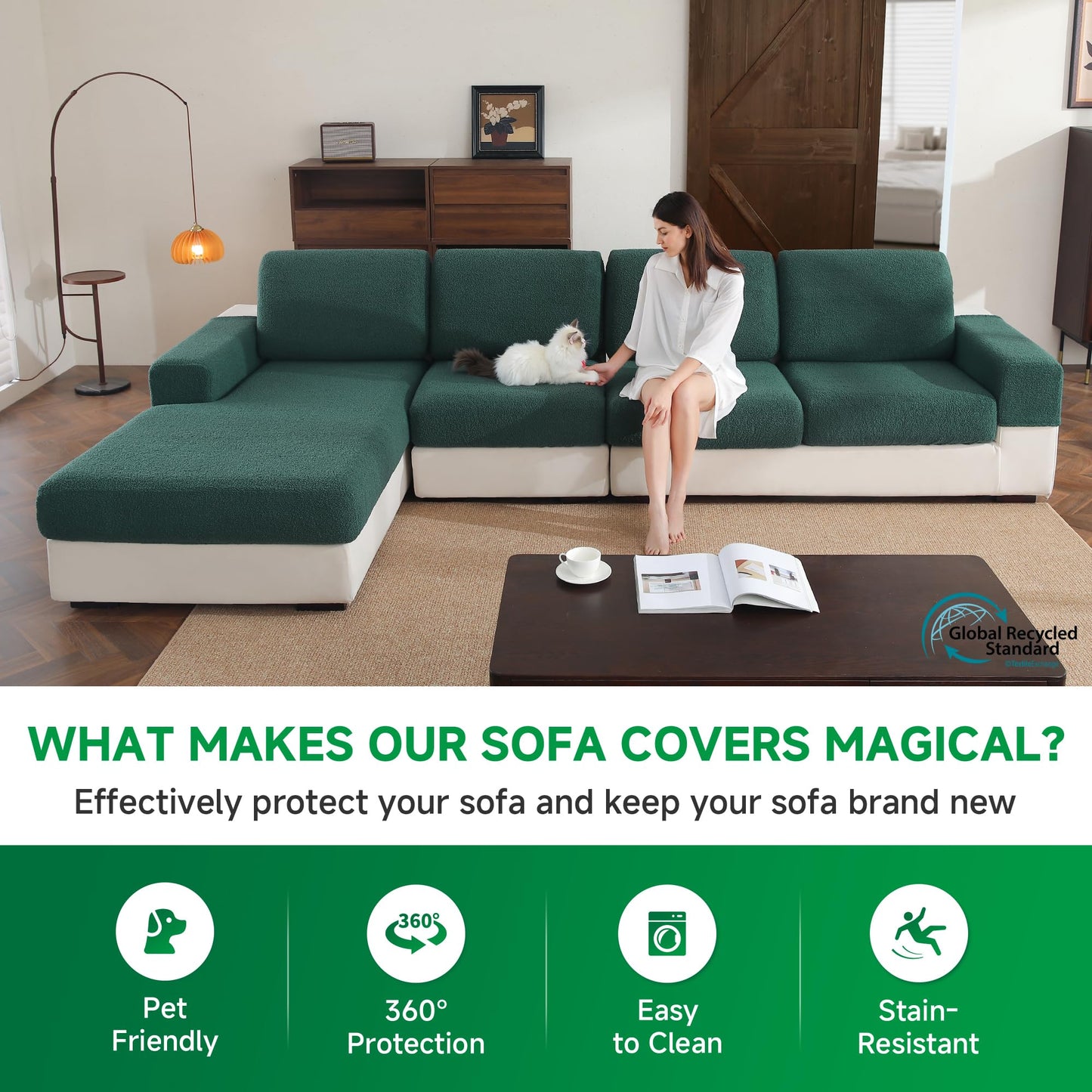 OHSIO Couch Cushion Covers for Sectional Sofa, Stretch Soft Sofa Slipcovers Washable Wear-Resistant Universal Furniture Protector for Living Room(1 Piece Oversized Cover, Green) BST202