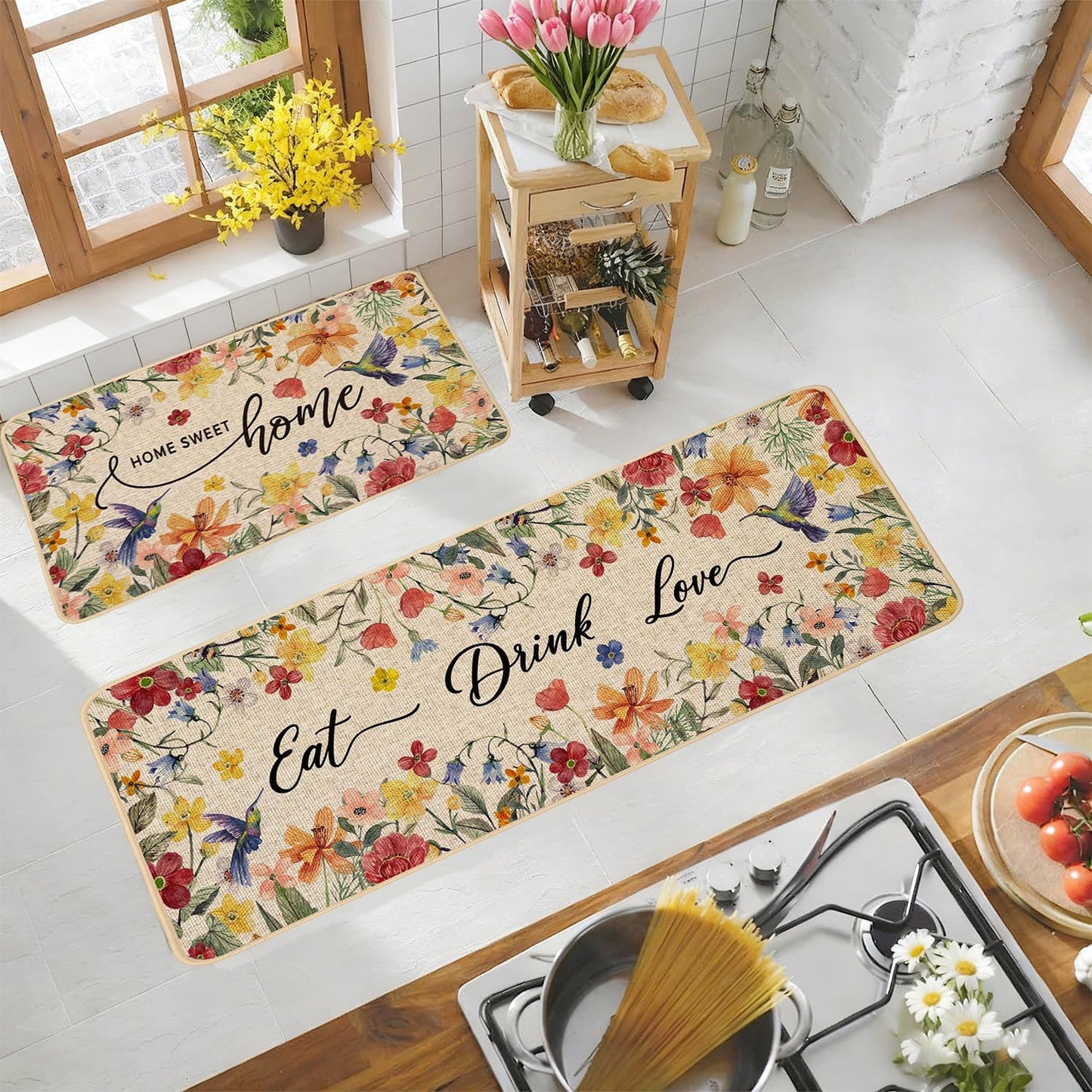 Baccessor Home Sweet Home Floral Kitchen Mats Set of 2,Spring Summer Hummingbird Flowers Kitchen Rugs Absorbent Non Slip Low-Profile Washable for Floor Home Decor 17x29 and 17x47 Inch BST202