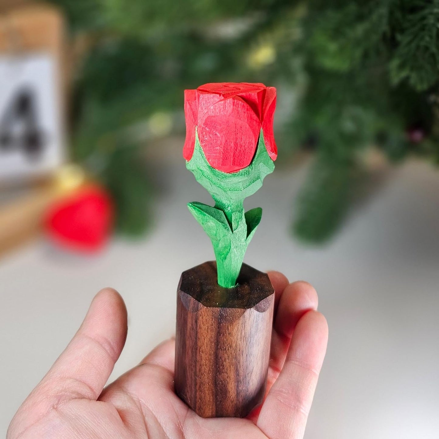 Wood Rose for 5th for Wife - Handcrafted Basswood Flower Figurine - Romantic Valentine's Day Birthday Gift for Her - Everlasting Wooden Sculpture with Gift Box (Red) BST220