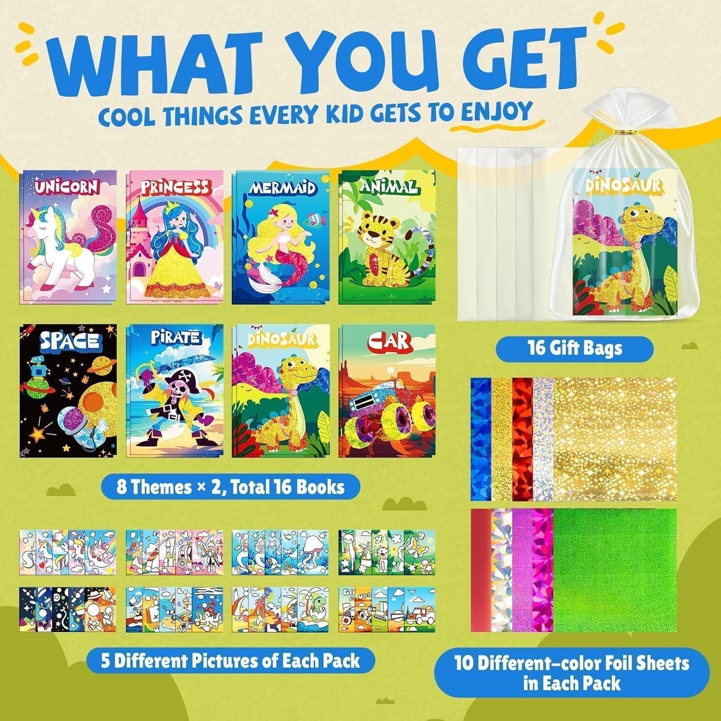 FOIL DIY ART 16 Pack Party Favors for Kids, 16 Pack Foil Art & Craft Books Bulk for Kids 4-8 64