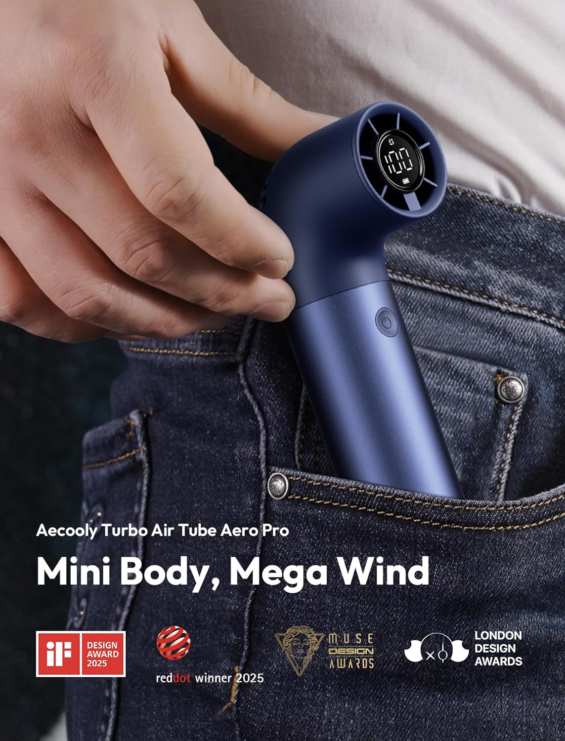 Aecooly Portable Handheld Fan, Powerful Turbo Air Tube Fan, 19000 RPM High Speed Aero Pro, 15H Max Cooling Time, 6 Speeds Aluminum Case, Mini Pocket Design, for Travel Beach Outdoor Activities -Blue WN420