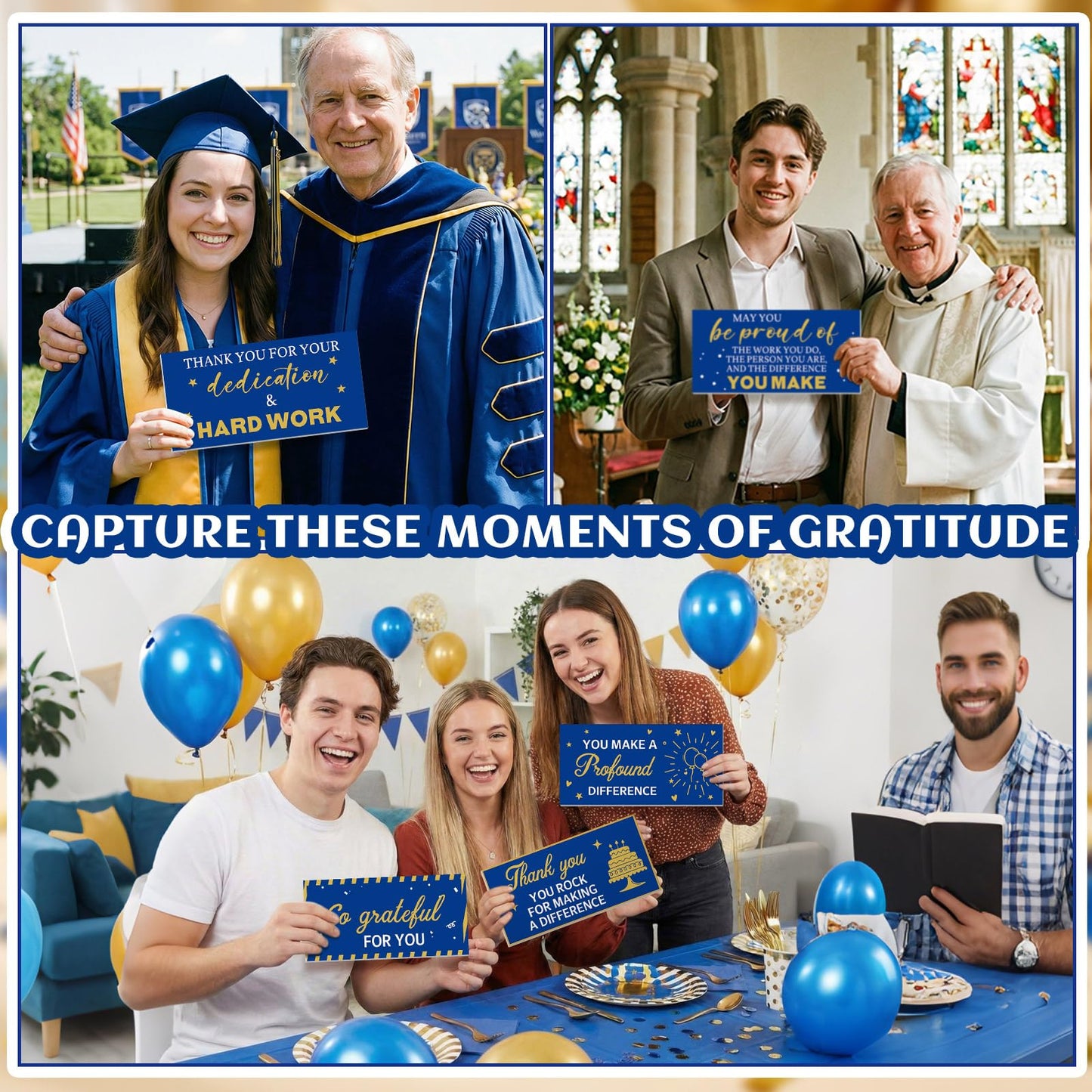 Tinlade 24 Designs Employee Appreciation Decorations Photo Booth Props We Appreciate You Blue Gold Thank You Party Decor Prop PVC Double Sided Selfie Signs for Staff Volunteer Retirement Teacher Nurse BST326H