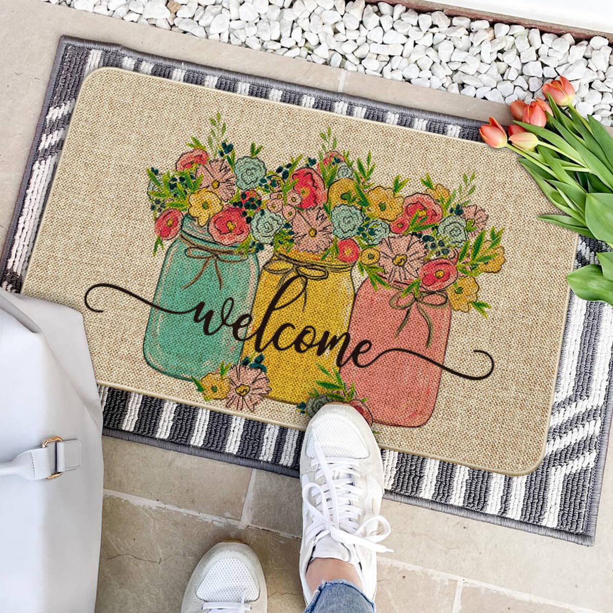 Artoid Mode Vase Hello Spring Semicircular Doormat, Seasonal Summer Low-Profile Yard Floor Switch Mat for Indoor Outdoor 17 x 29 Inch BST202