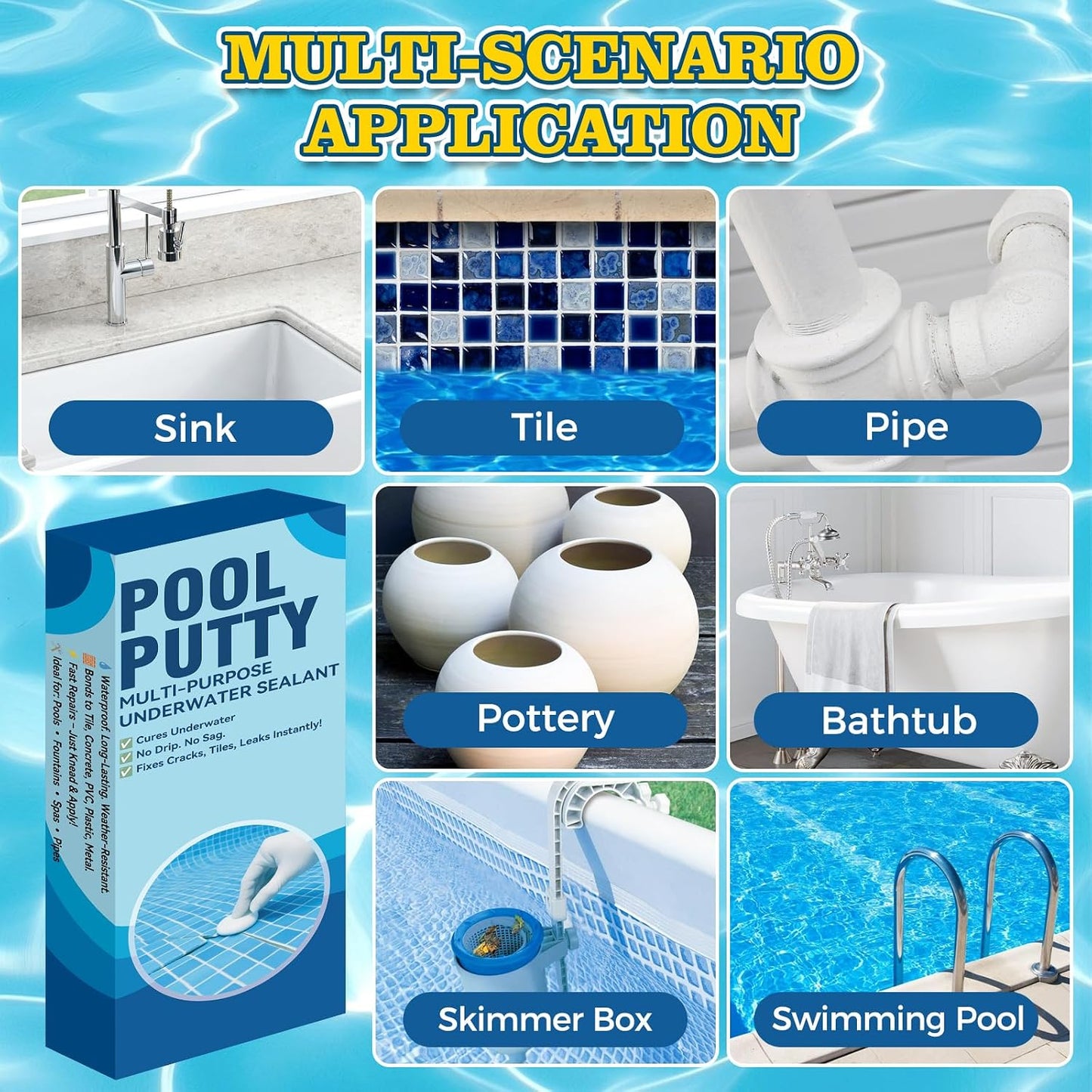 Pool Putty, 2 Part High Strength Epoxy Putty for Underwater or Above Fast Repair Leaks, Cracks, Filling, Pool Putty for Leaks Underwater, Tile, Fiberglass, Concrete, Cement and Other Surfaces BST220