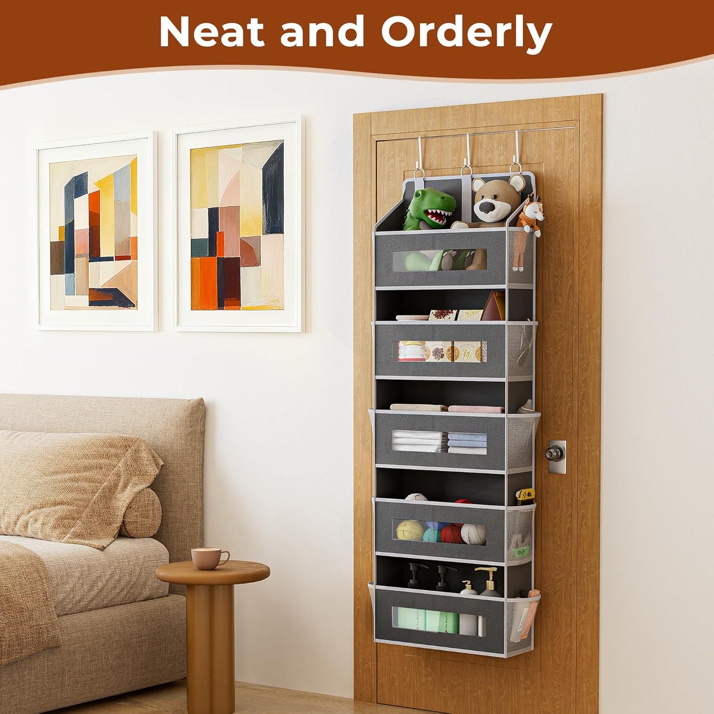 5 Tier Over The Door Organizer - Large Capacity Behind Door Hanging Shelves with 10 Mesh Pockets and Clear Windows, Closet Organizers and Storage for Bathroom, Bedroom, Nursery, Grey BST326H