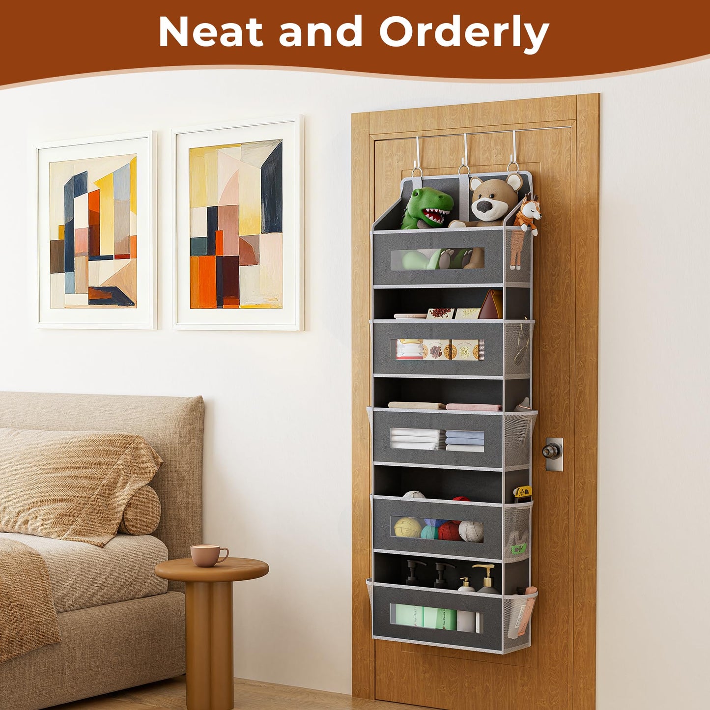 5 Tier Over The Door Organizer - Large Capacity Behind Door Hanging Shelves with 10 Mesh Pockets and Clear Windows, Closet Organizers and Storage for Bathroom, Bedroom, Nursery, Grey BST326H