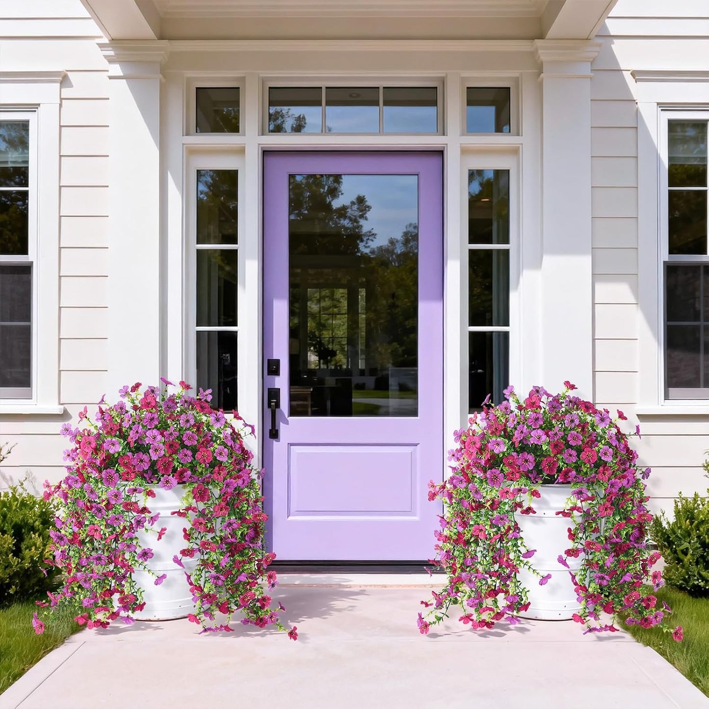 Artificial Hanging Flowers for Outdoor, 2PCS Fake Flowers Faux Silk Daisy with Eucalyptus Leaves, UV Resistant Aritificial Flowers for Spring Home Patio Yard Porch Decor (Light Purple Red) BST202