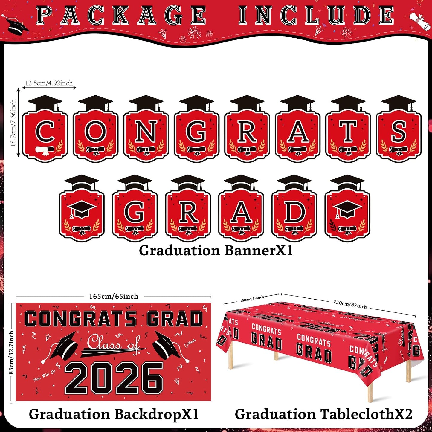 Graduation Decorations 2026 2027 - Red Congrats Grad Banner Backdrop Tablecloth Set - Graduation Decorations Class of 2026 | Graduation Party Favors Supplies WN420