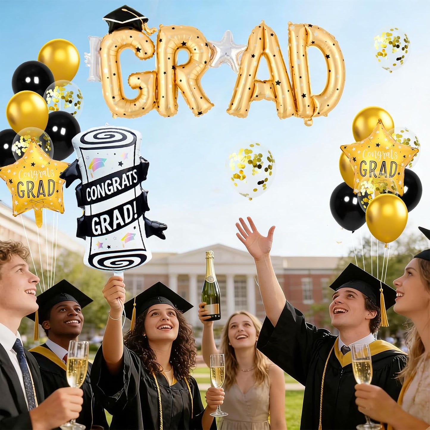 Graduation Balloons Congrats Grad Balloons Gold and Black Balloon for 5th Grade Graduation Decorations Grad Party Decorations 2026 BST326L