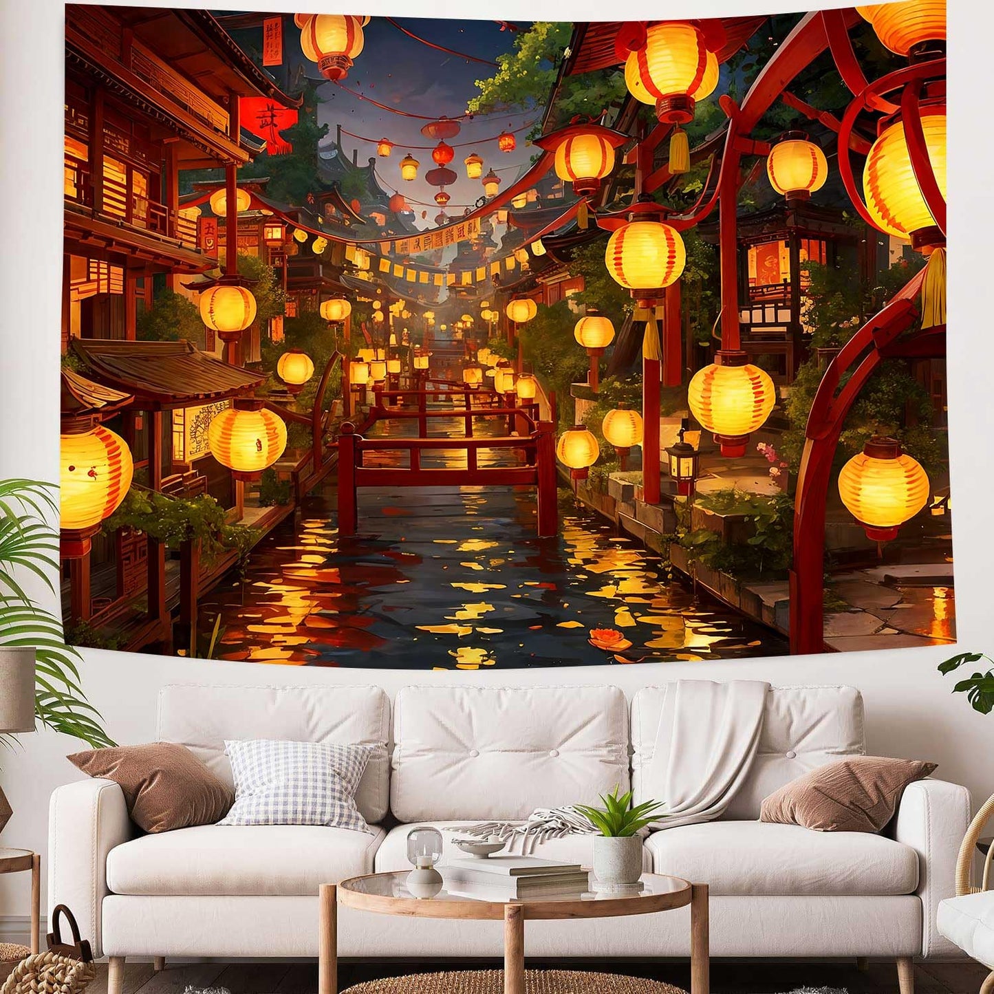 Ine Ive Japanese Tapestry Wall Hanging Large Size 93x71 Inch | Traditional Japan Streets filled with lanterns tapestry for Bedroom Living Room Dorm Office Restaurant Wall Decor BST202