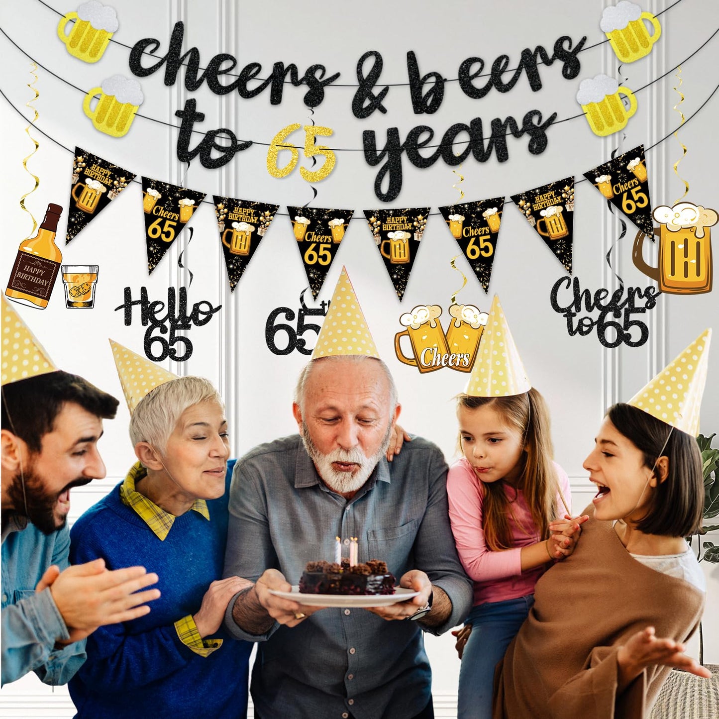 Black Gold 90th Birthday Decorations for Men Women, Glitter Pre-Strung Cheers to 90 Years Banner Hello 90 Hanging Swirls Paper Triangle Flag Banner Decorations Bday Party Supplies Kit WN420