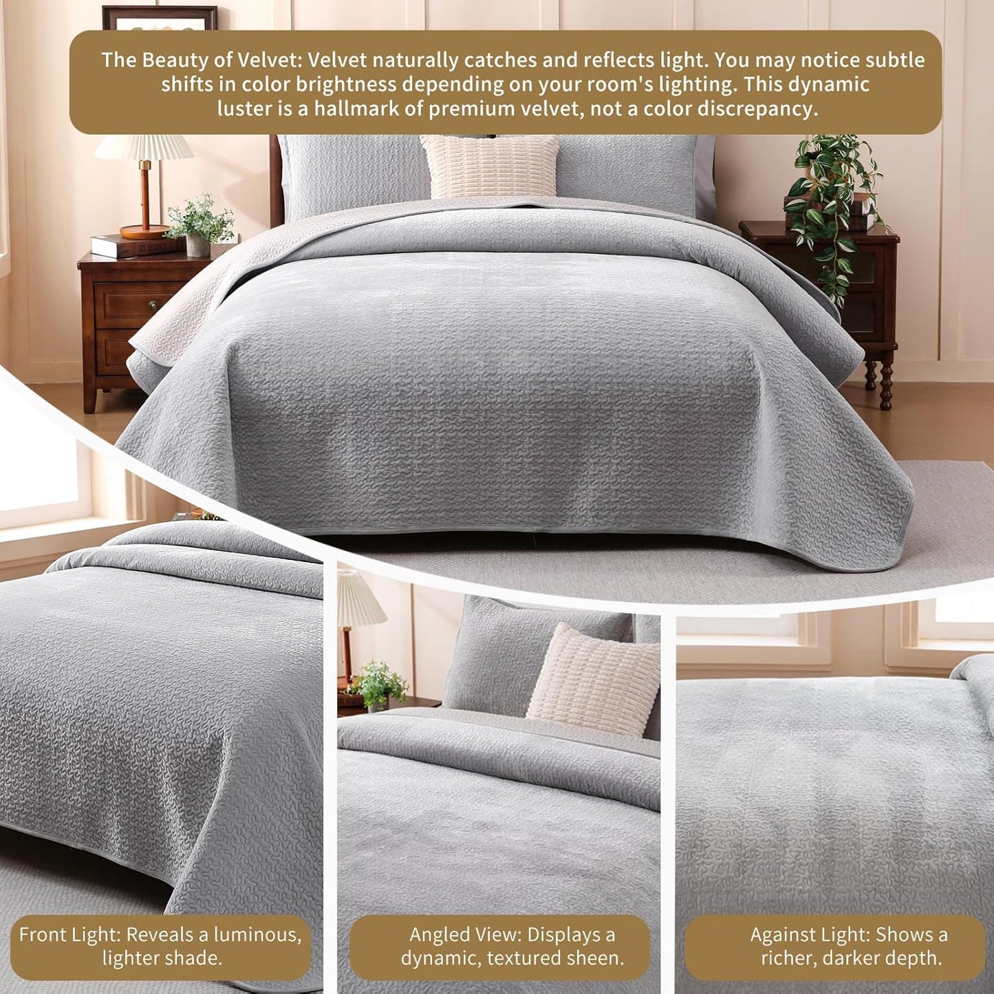 Velvet Quilt Set Queen Size - 3-Piece Lightweight Bedding, Soft Velvet Comforter, Oversized Bedspread Coverlet for All Season, Soft Gray BST326H