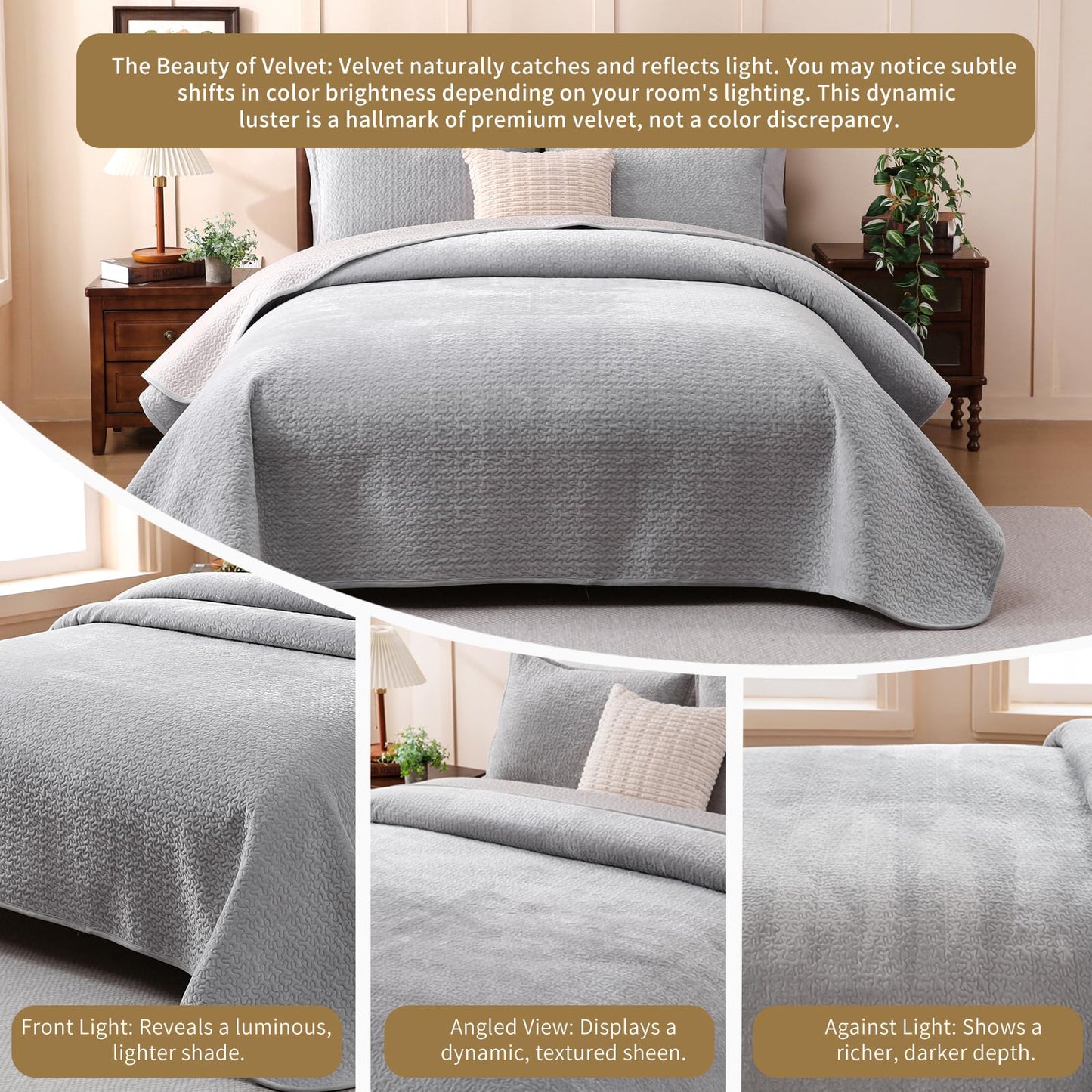 Velvet Quilt Set Queen Size - 3-Piece Lightweight Bedding, Soft Velvet Comforter, Oversized Bedspread Coverlet for All Season, Soft Gray BST326H