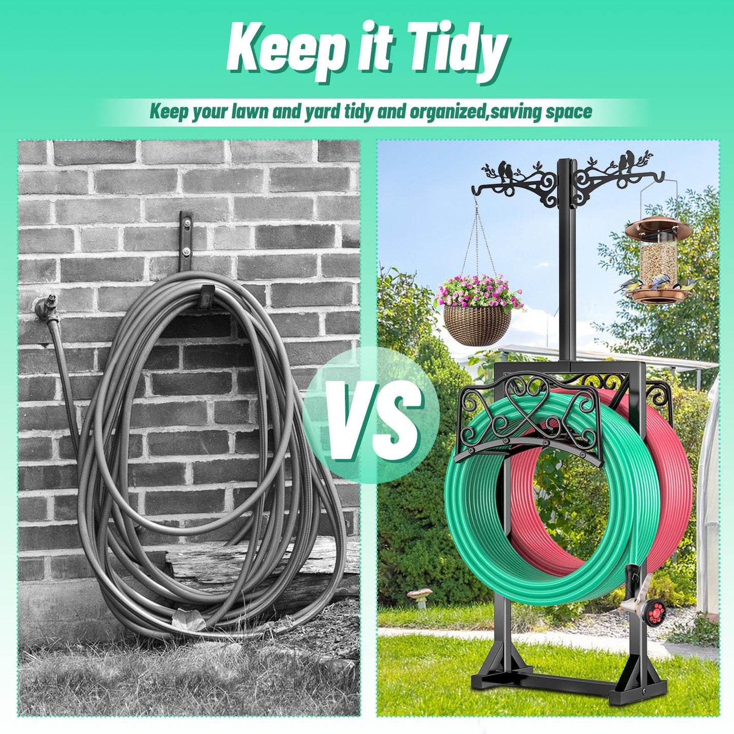 Garden Hose Holder, Freedstanding Heavy Duty Garden Water Hose Holder Stand with 2 Shepherds Hooks, Detachable Metal Hose Storage Hanger Rack for Outside Yard Lawn Farm DD1210