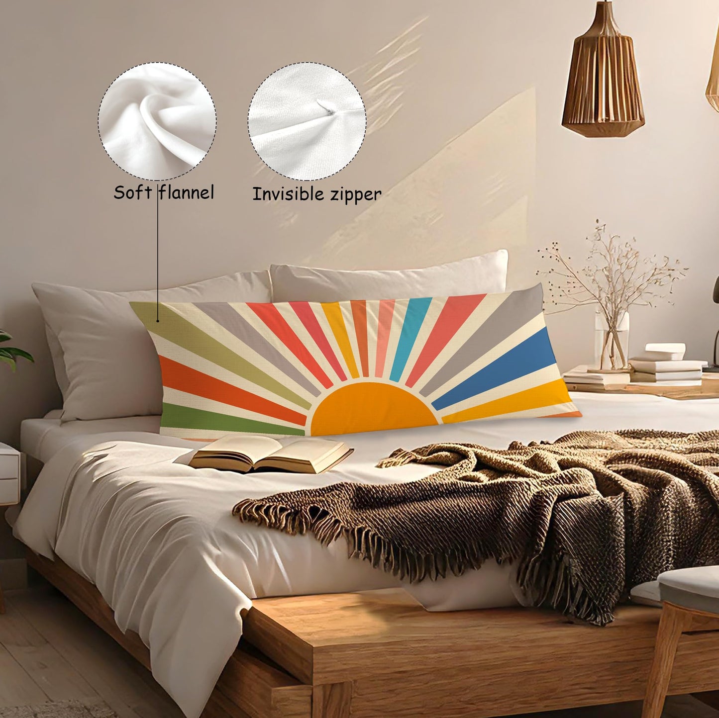 Boho Sun Sunshine 21x54 Body Pillow Cover Case, Modern Neutral Boho Horizontal Sun Sunset Sunrise Decorative Long Hug Pillow Cases for Bed Couch BST220