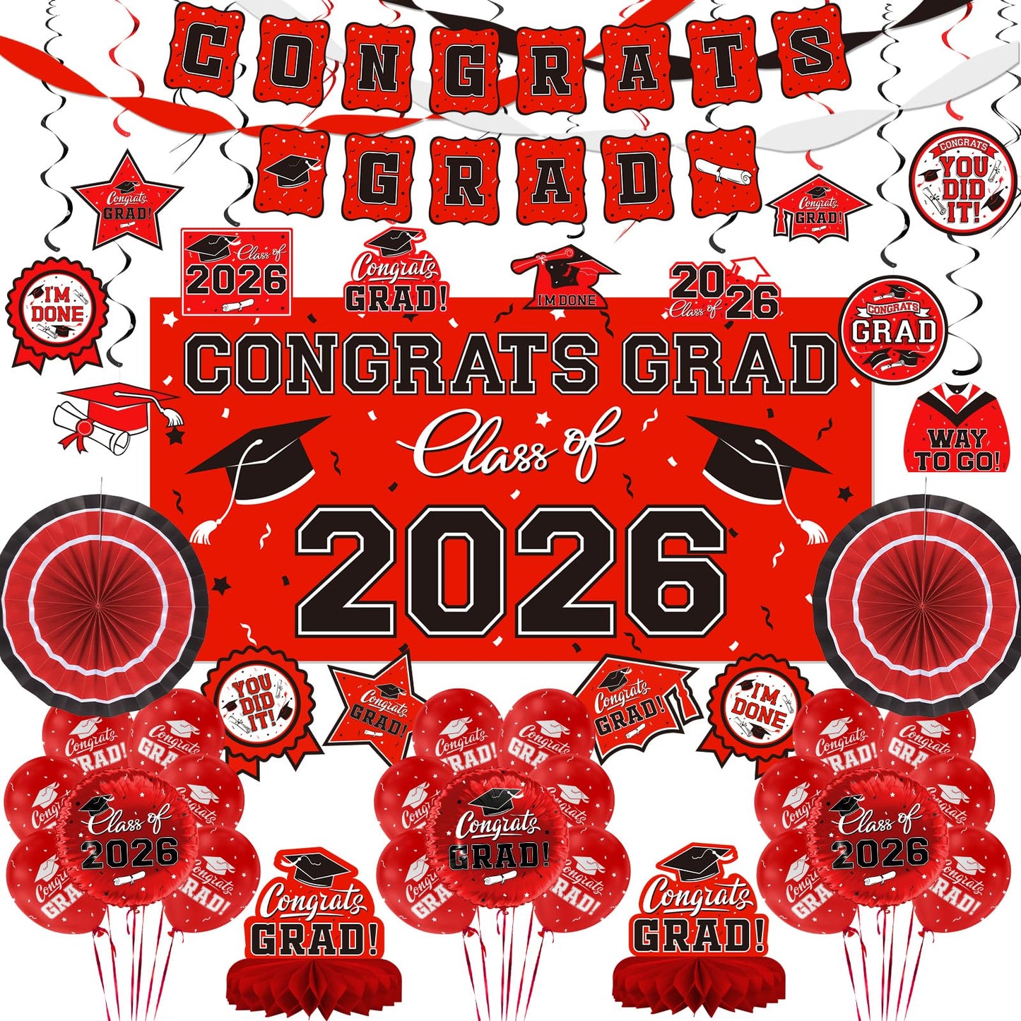 Black and Gold Themed 2026 Graduation Decorations Set - Congrats Grad Banner, Class of 2026 Backdrop, Balloons & Streamers Kit - Graduation Party Supplies for High School & College Celebrations BST326H