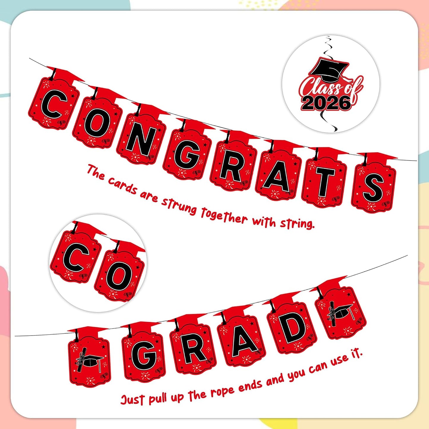 Class Of 2026 Graduation Decorations - 26 Pcs Red Black Congrats Grad Banners Vertical Backdrop Hanging Swirls Number Foil Balloons for Boys Girls High School College Grad Party Decoration Supplies BST220