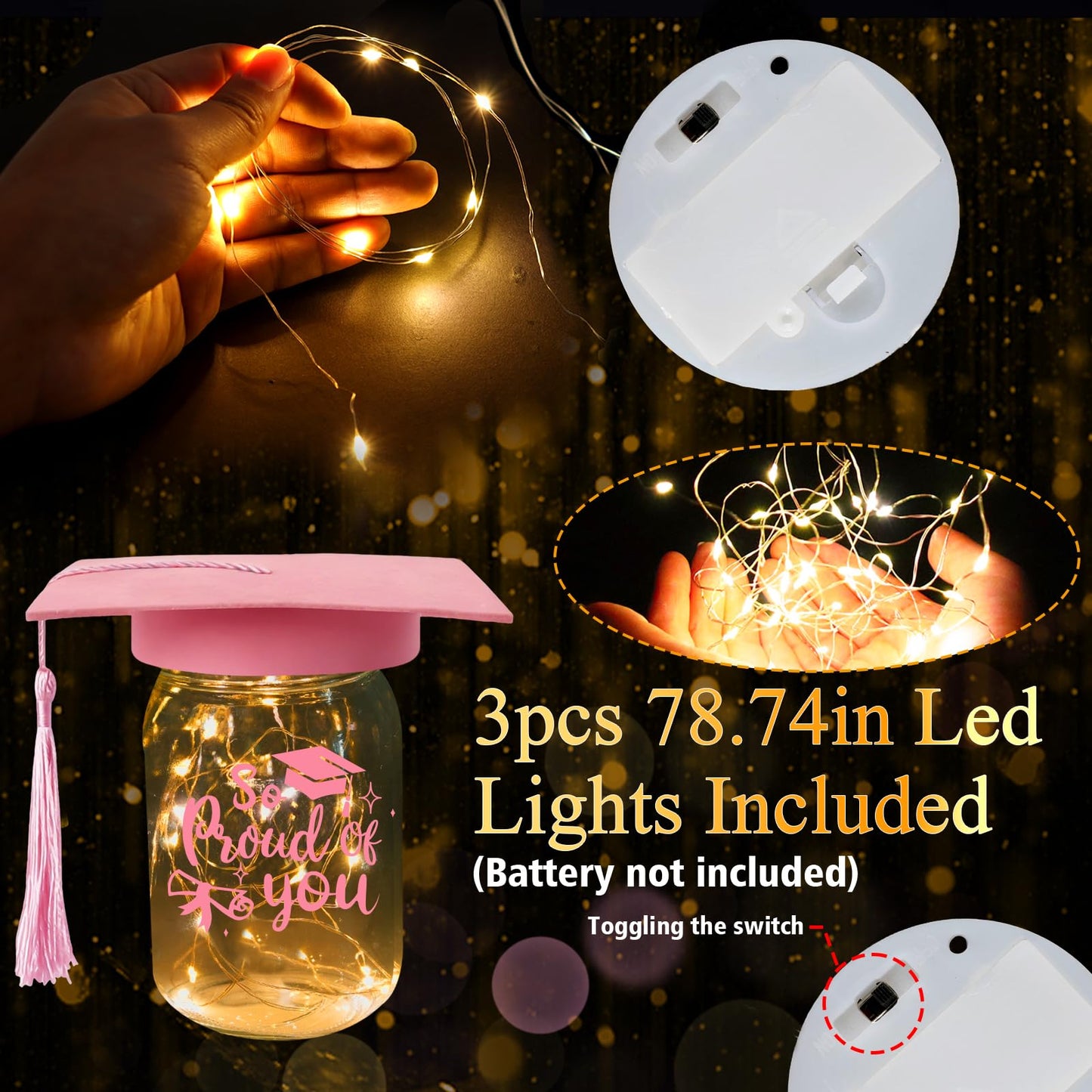 3 Sets 2026 Graduation Centerpieces for Tables, Glowing Mason Jar Centerpieces with Graduation Caps, Glowing Money Jars for College High School Congrats Grad Party Decor Supplies WN420