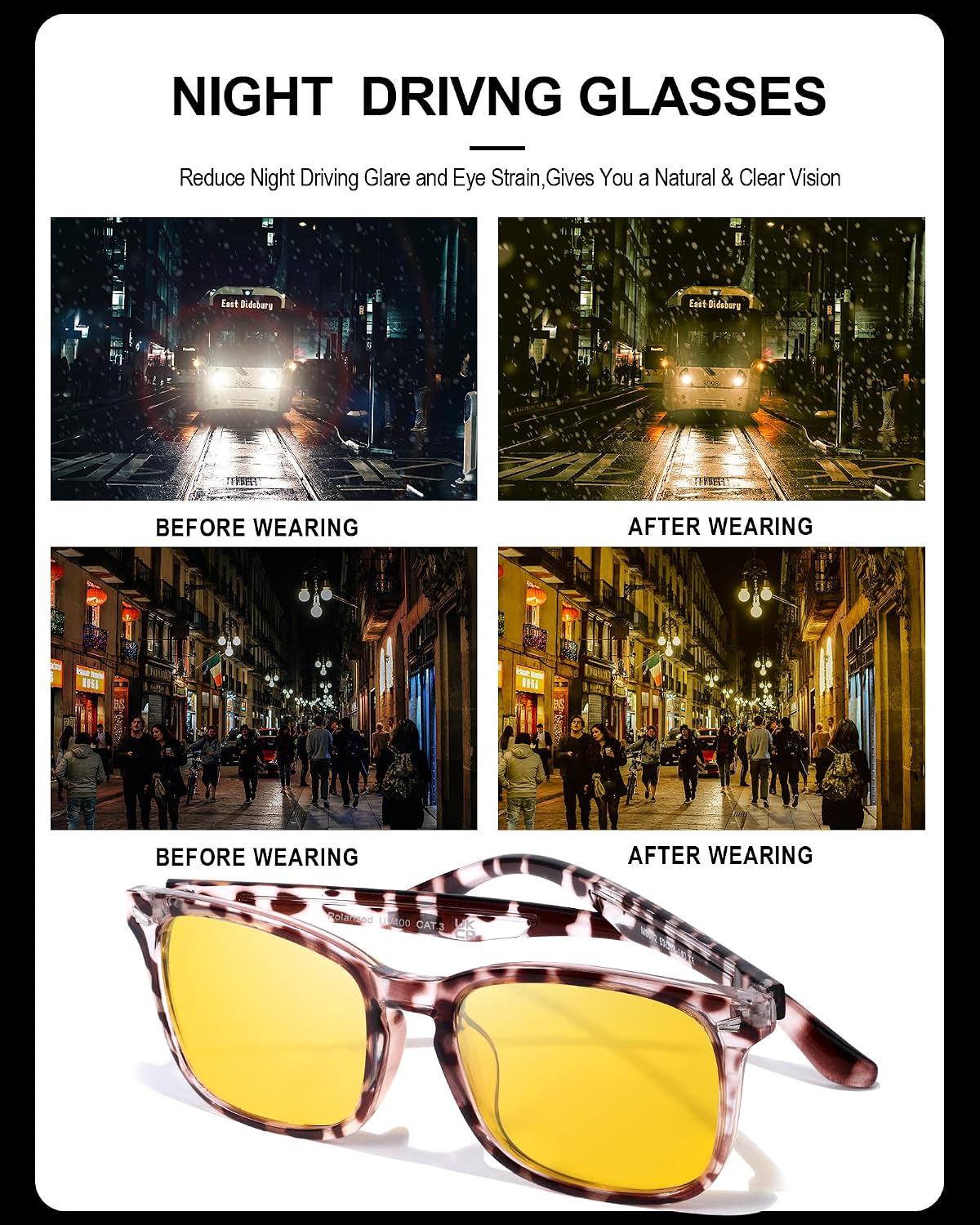 TJUTR Night Vision Driving Glasses for Men Women, Polarized Anti Glare Yellow Lens Glasses for Driving at Night Time TN2482 WN420