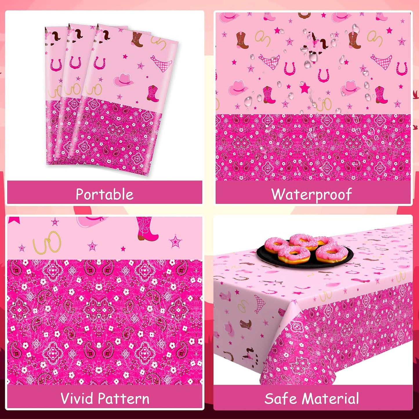 Domgoge Cowgirl Table Cloths Western Cowgirl Plastic Table Covers Pink Felt Horse Tablecloth Rectangular Tablecloth Disposable Waterproof Table Cloth Cover for Girls Birthday Party Supplies, 2pcs WN420