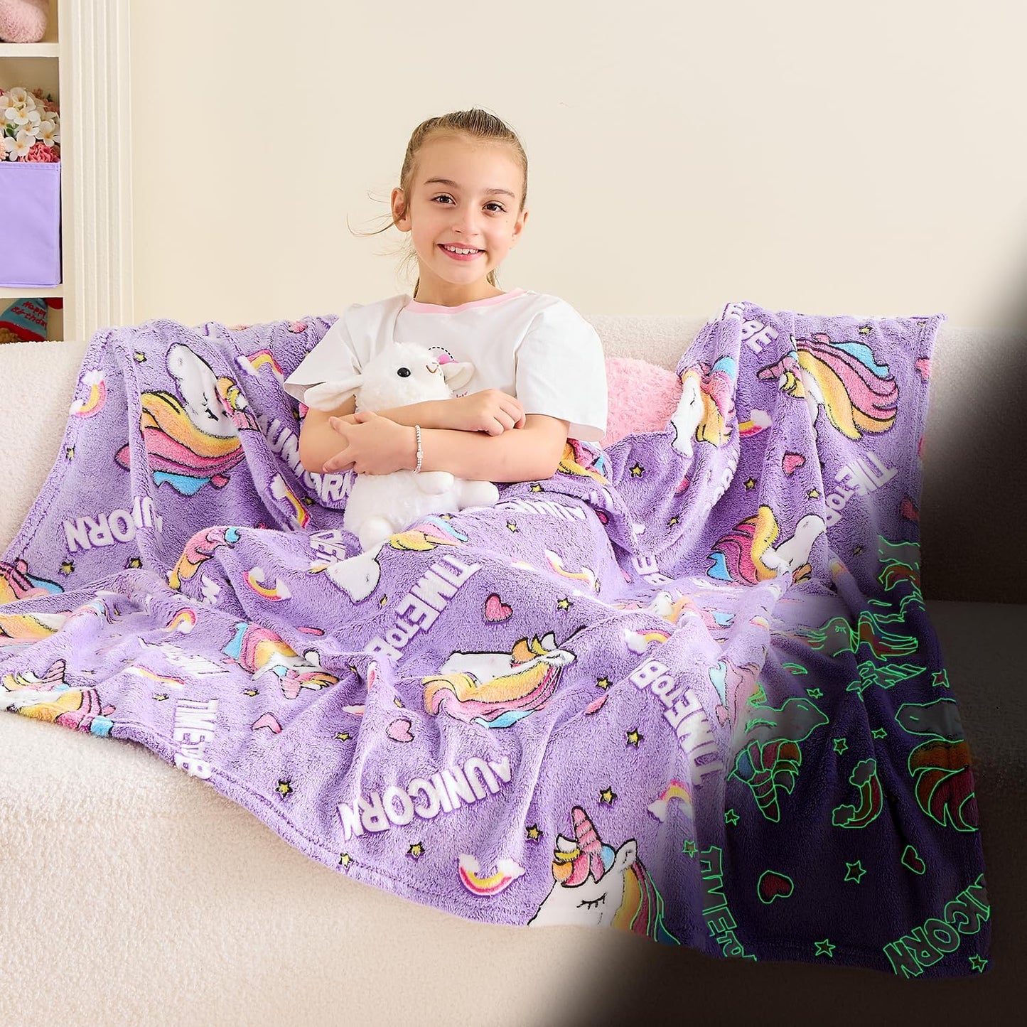Wajade Unicorn Gifts for Girls - Glow in The Dark Unicorn Blanket Birthday Christmas Decor for Kids Age 3 4 5 6 7 8 9 10 11 12 Years Old Teens Child Toddler Throw Violet 60"x80" BST202