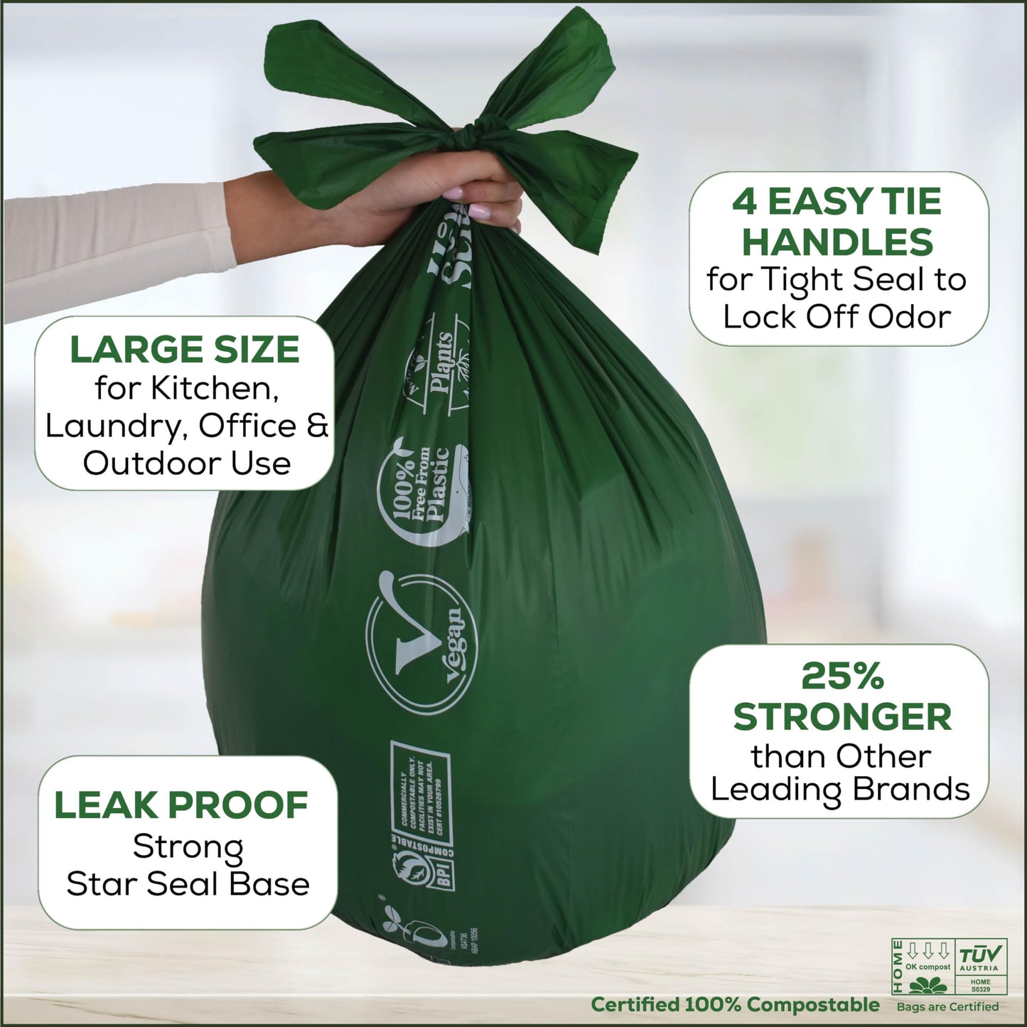 Small Compostable Trash Bags - 2.6 Gallon, 100 Pack, 100% Plastic-Free Decomposing Kitchen Food Waste Trash Can Bags & Liners, Thick Countertop Garbage, Bathroom & Bio Bin Bags