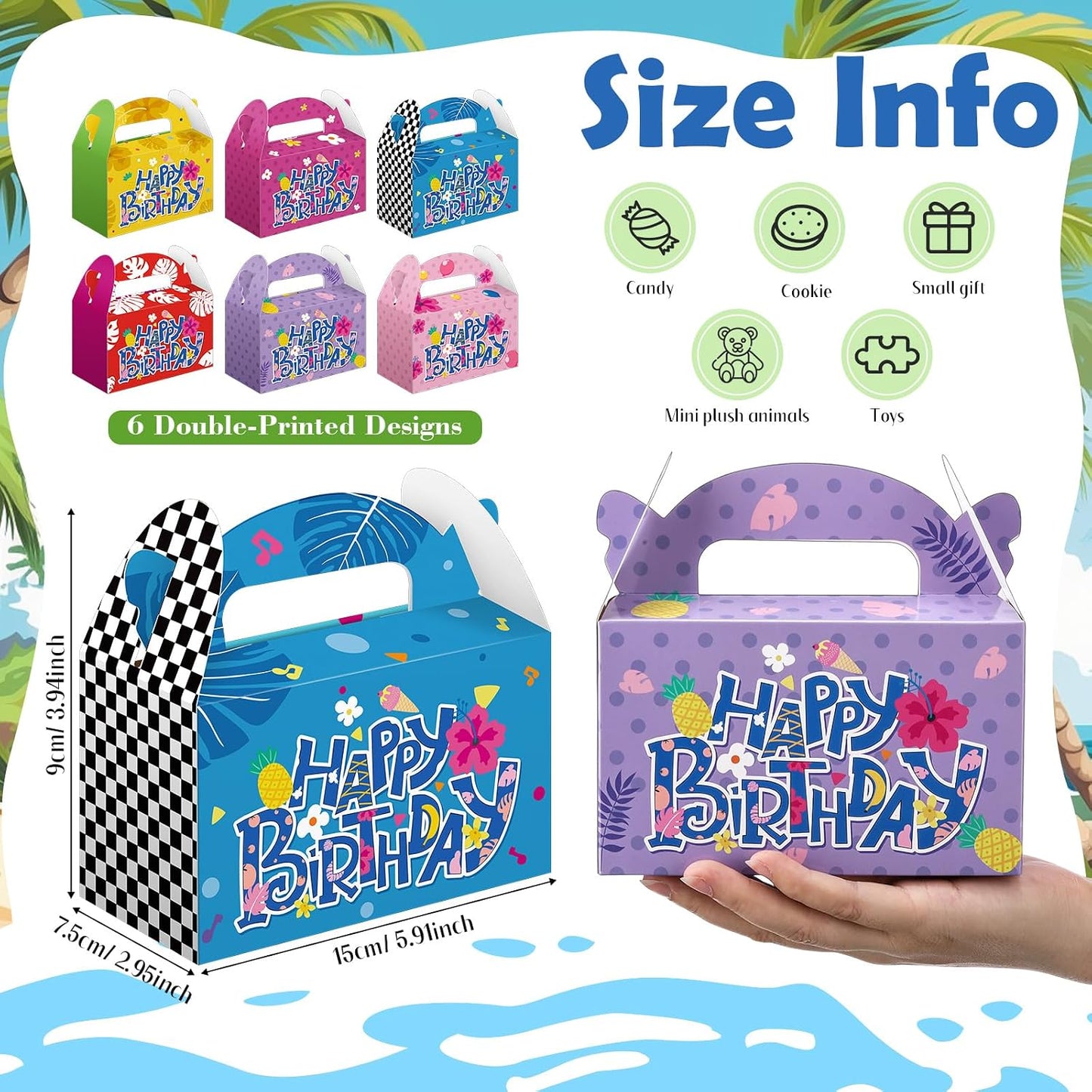 Wonderjune 24 Pack Hawaiian Tropical Treat Boxes 6 Cartoon Luau Styles Happy Birthday Party Favor Boxes with Handles Summer Birthday Beach Hawaii Themed Candy Gift Wrapping Giveaways Supplies BST202