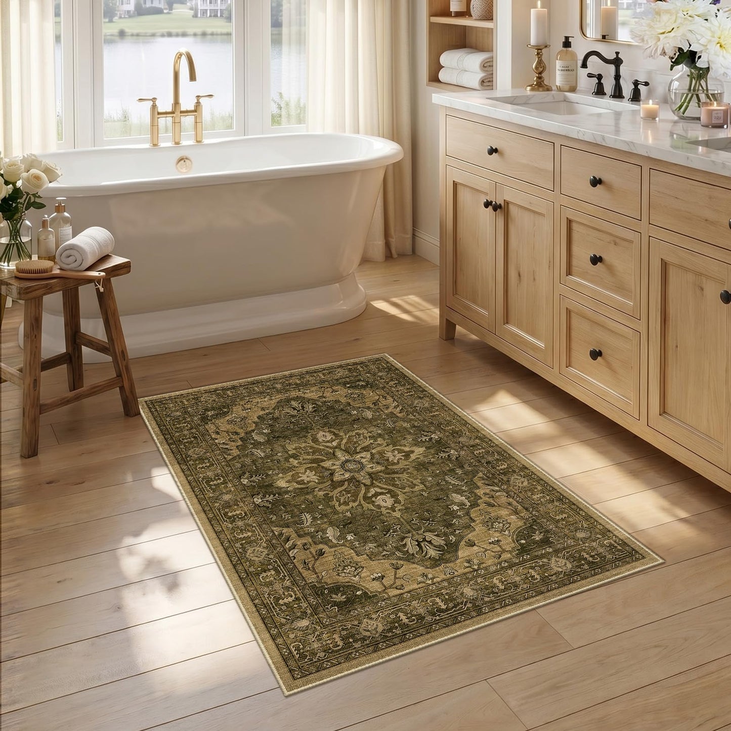 RELEANY Area Rugs Runner 2'x6' Washable Non-Slip, Floral Vintage Distress Medallion Carpet for Kitchen Hallway Bedroom Beside Laundry Room Bathroom, Teal Green Lake Blue Turquoise DD1210