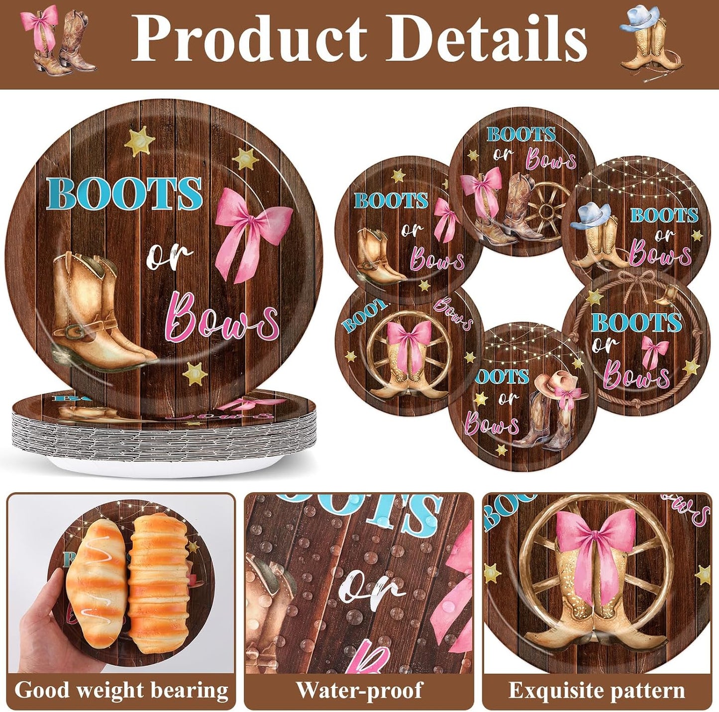 Boots and Bows Gender Reveal Paper Plates Cowboy Boots Pink Bows He or She Disposable Tableware Blue or Pink Party Supplies for Baby Shower Western Cowgirls Cowboys Gender Reveal Party Decorations BST326L