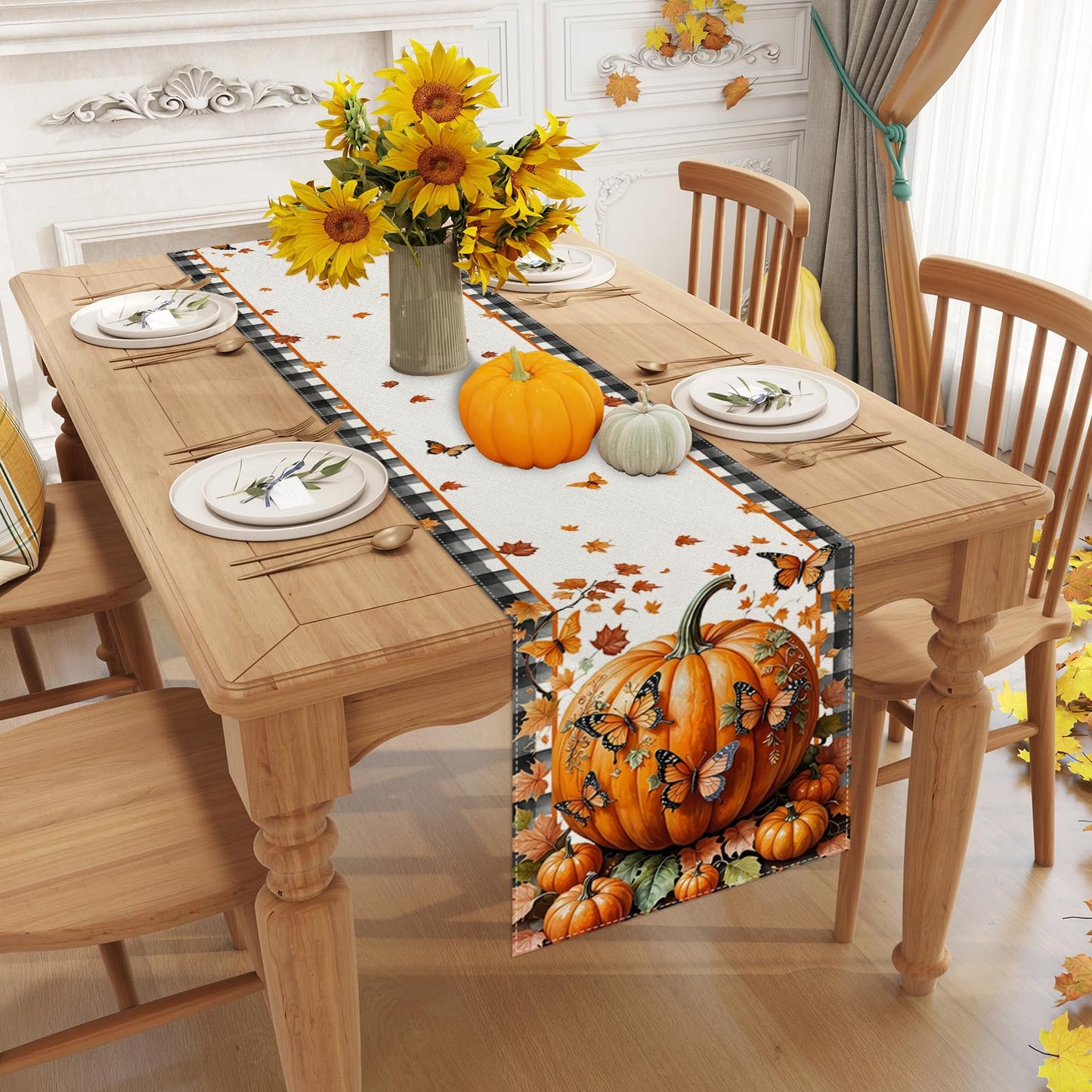 Linen Fall Placemats Set of 4 Fall Table Mats Farmhouse Pumpkin Butterfly Decor for Home Autumn Thanksgiving Home Kitchen Dining Room Table Decorations BST220