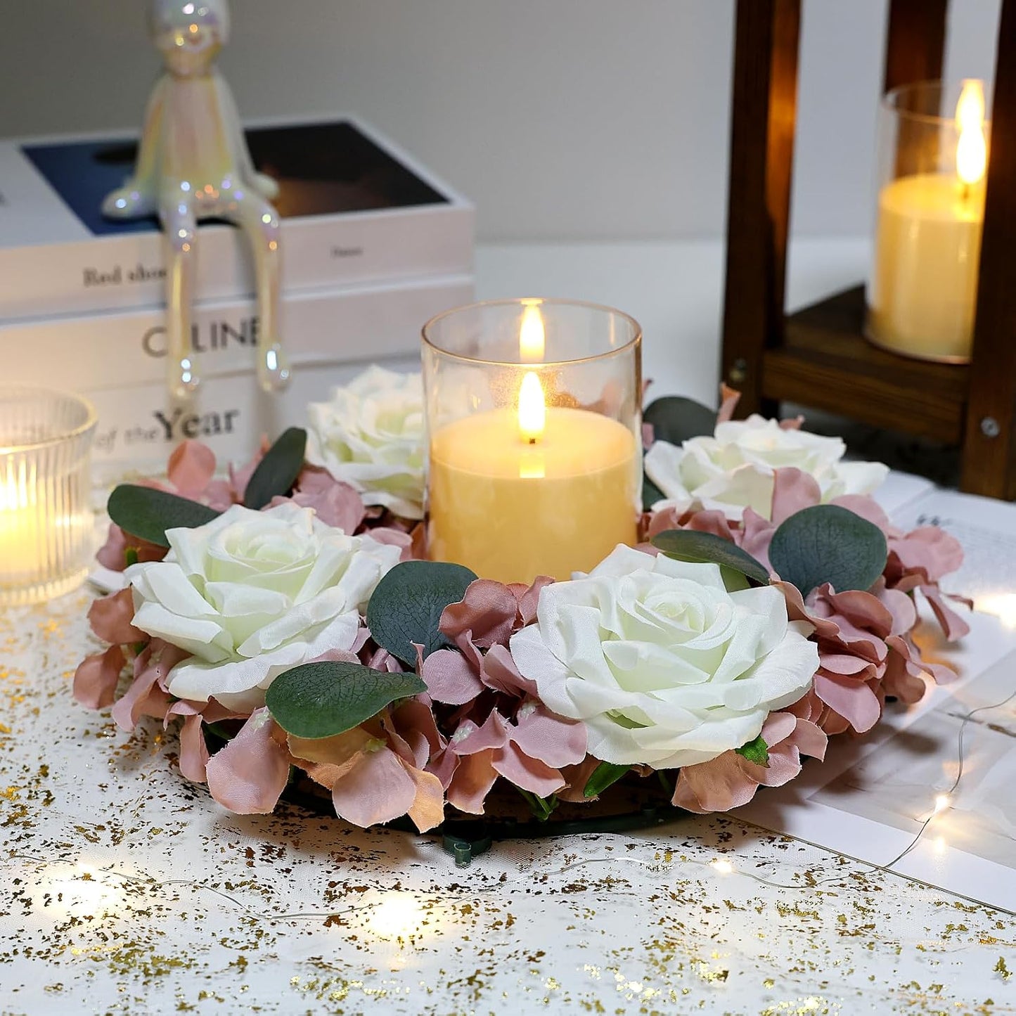 Artificial Flower Candle Rings - 6 Inch Inner Rose Floral Wreaths for Wedding Bridal Event Table Centerpieces Backdrop Decorations (Dusty Pink & White, 6 X Candle Rings) WN420