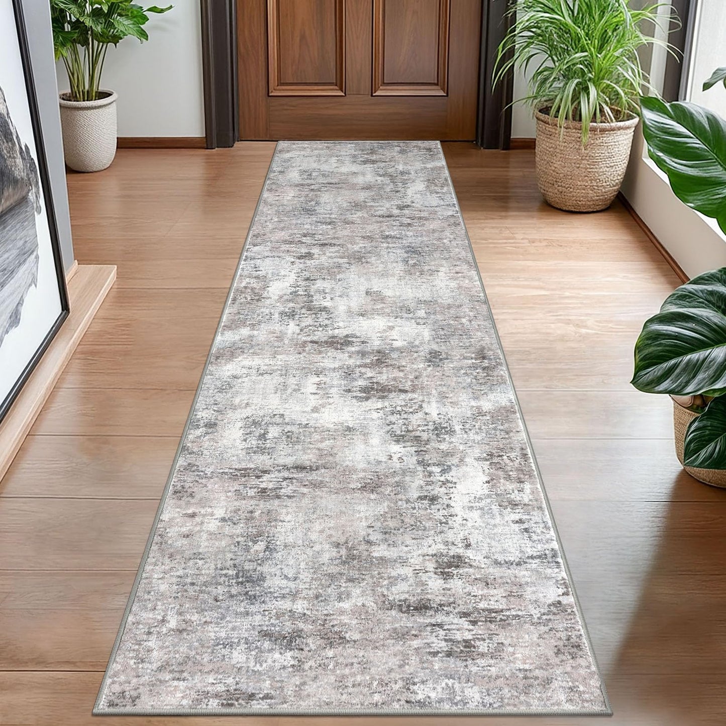 Lansny Modern Abstract Runner - 2x5, Beige Grey Washable Kitchen Entryway Rug Mat Non-Slip Soft Neutral Hallway Rug Thin Print Faux Wool Carpet for Bedroom Laundry Room Indoor BST220